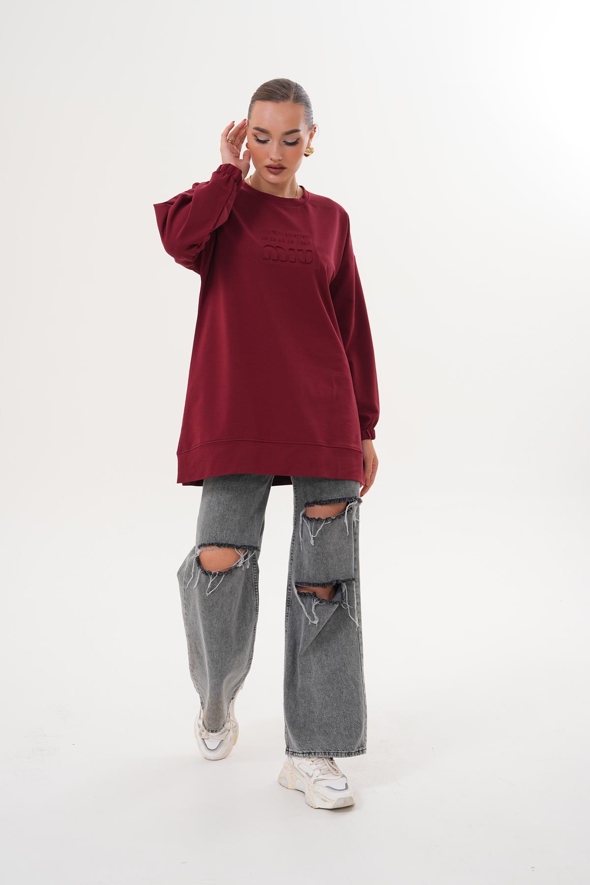 712 - BORDO MİU Kabartma Baskı Bisiklet Yaka Tesettür Sweatshirt Tunik 712 -westbound
