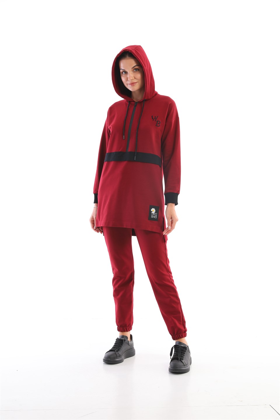 610--2-s - Bordo Renk Kadın Kapüşonlu Sweatshirt - Jogger  Spor Takım Eşofman -westbound