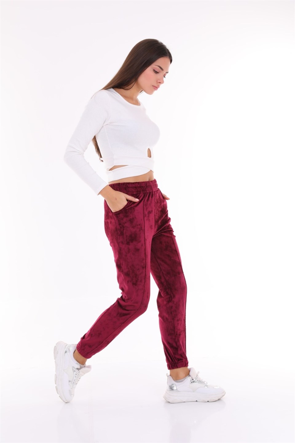 176-Musdum-L - Büyük Beden Mürdüm Kadife  Kadın Eşofman Altı - Pijama - Jogger Çizgi Şeritli -westbound