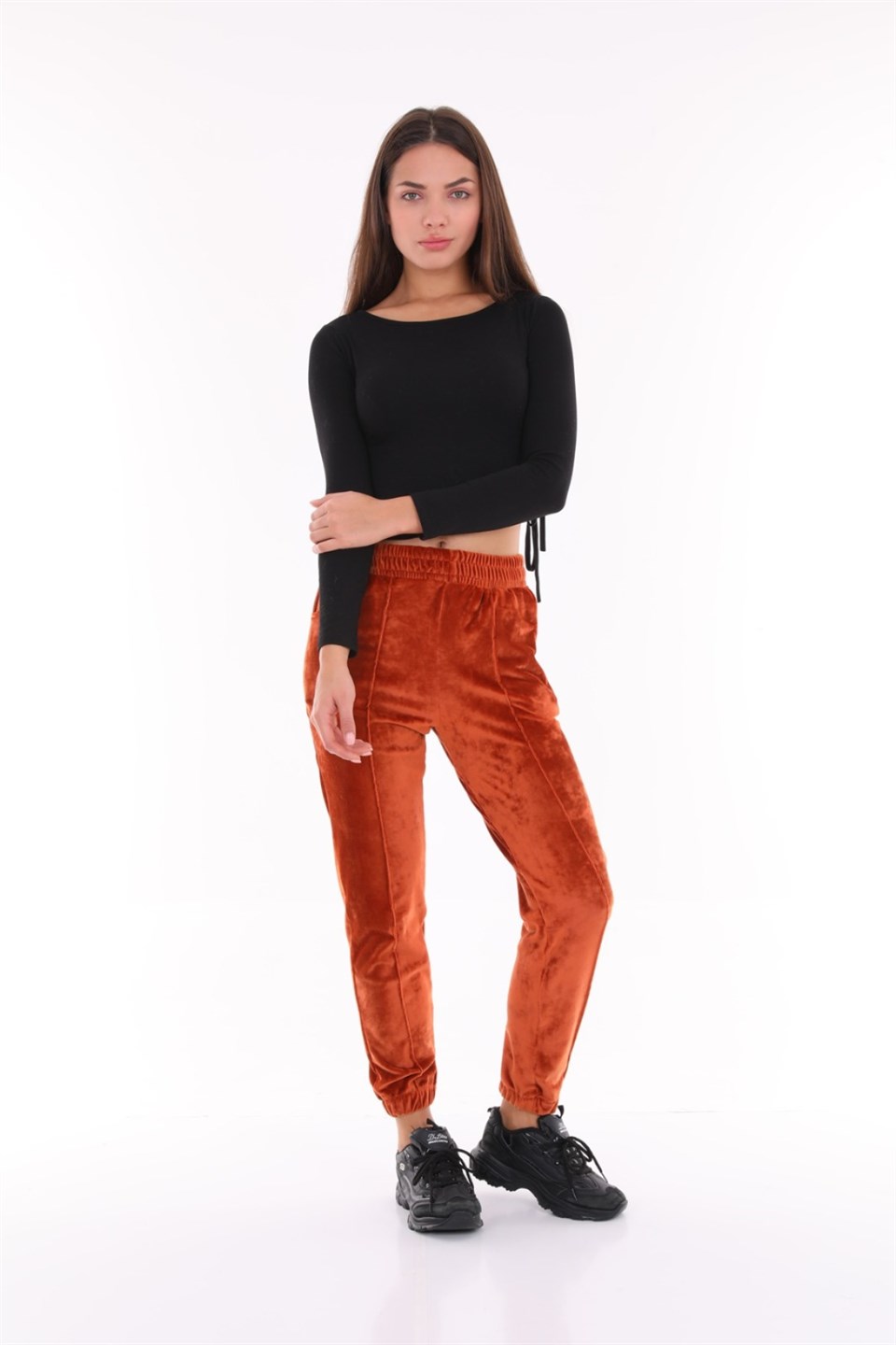 176-TABA-XL - Büyük Beden TABA Kadife  Kadın Eşofman Altı - Pijama - Jogger Çizgi Şeritli -westbound
