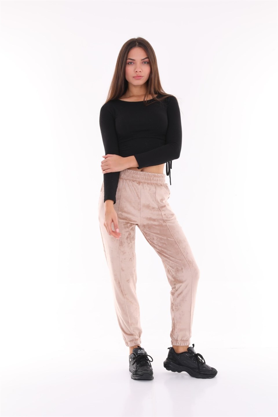 176-vizon-XL - Büyük Beden  Vizon Kadife  Kadın Eşofman Altı - Pijama - Jogger Çizgi Şeritli -westbound