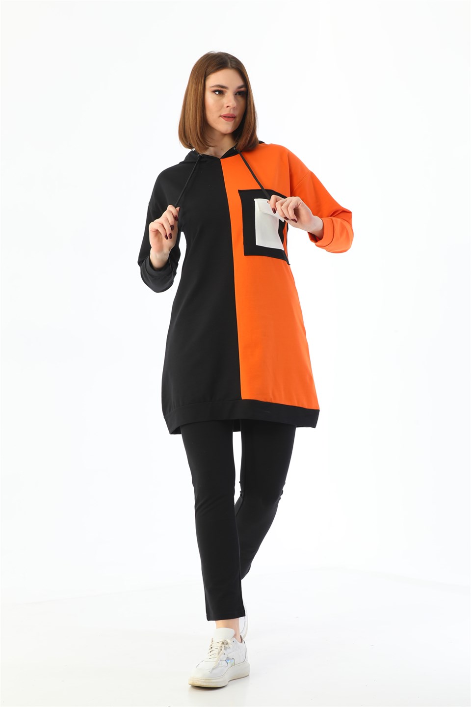 624 - Çift Renk Detaylı Cepli Kapüşonlu Kadın Eşofman Takımı - Taba -westbound