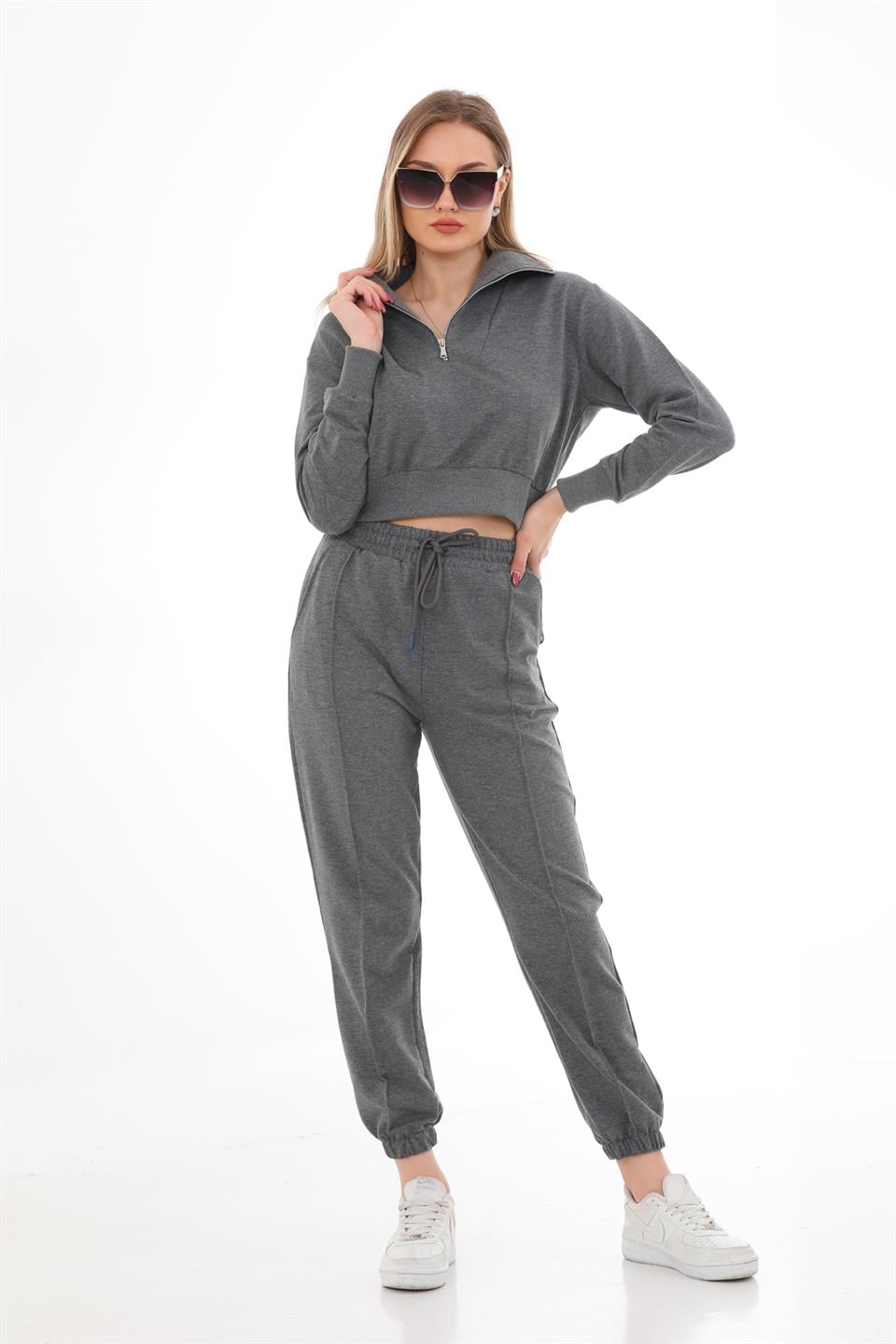 635 - Crop Trend Günlük Kadın Spor Takım  GRİ -westbound
