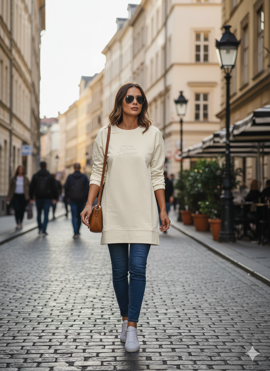 716 - Ekru Kabartma Baskılı Bisiklet Yaka Uzun Kol Kadın Sweatshirt Tunik 716 -westbound