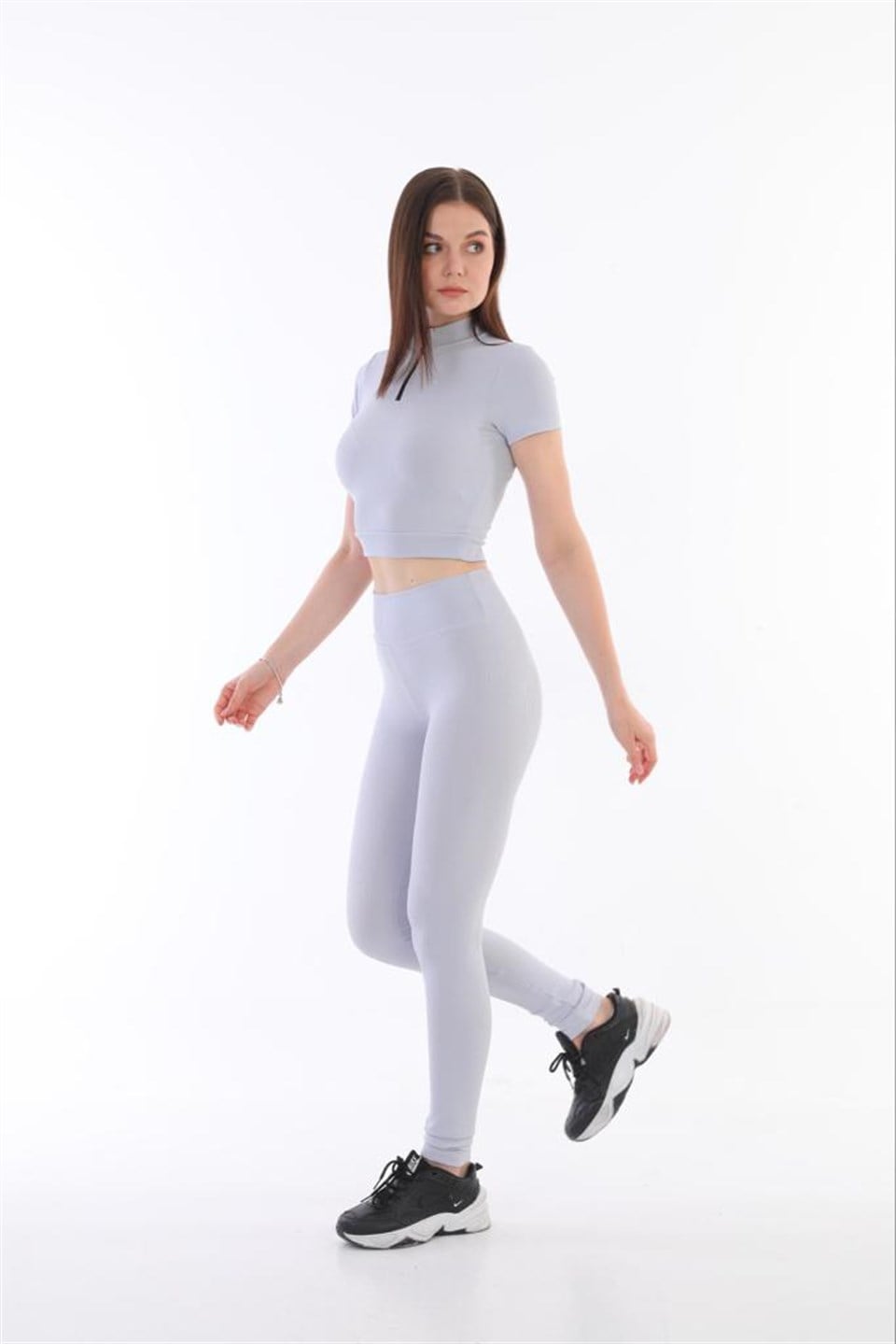 Aff-Fit-012 - Fitilli Fermuarlı Kadın Crop Bustiyer - Buz Mavi -westbound