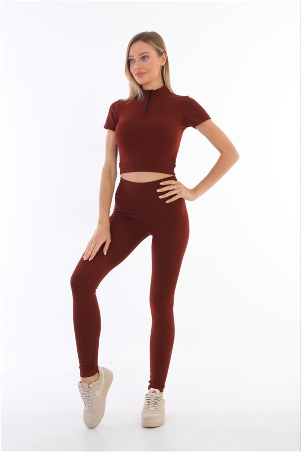 Aff-Fit-012 - Fitilli Fermuarlı Kadın Crop Bustiyer - Kiremit -westbound