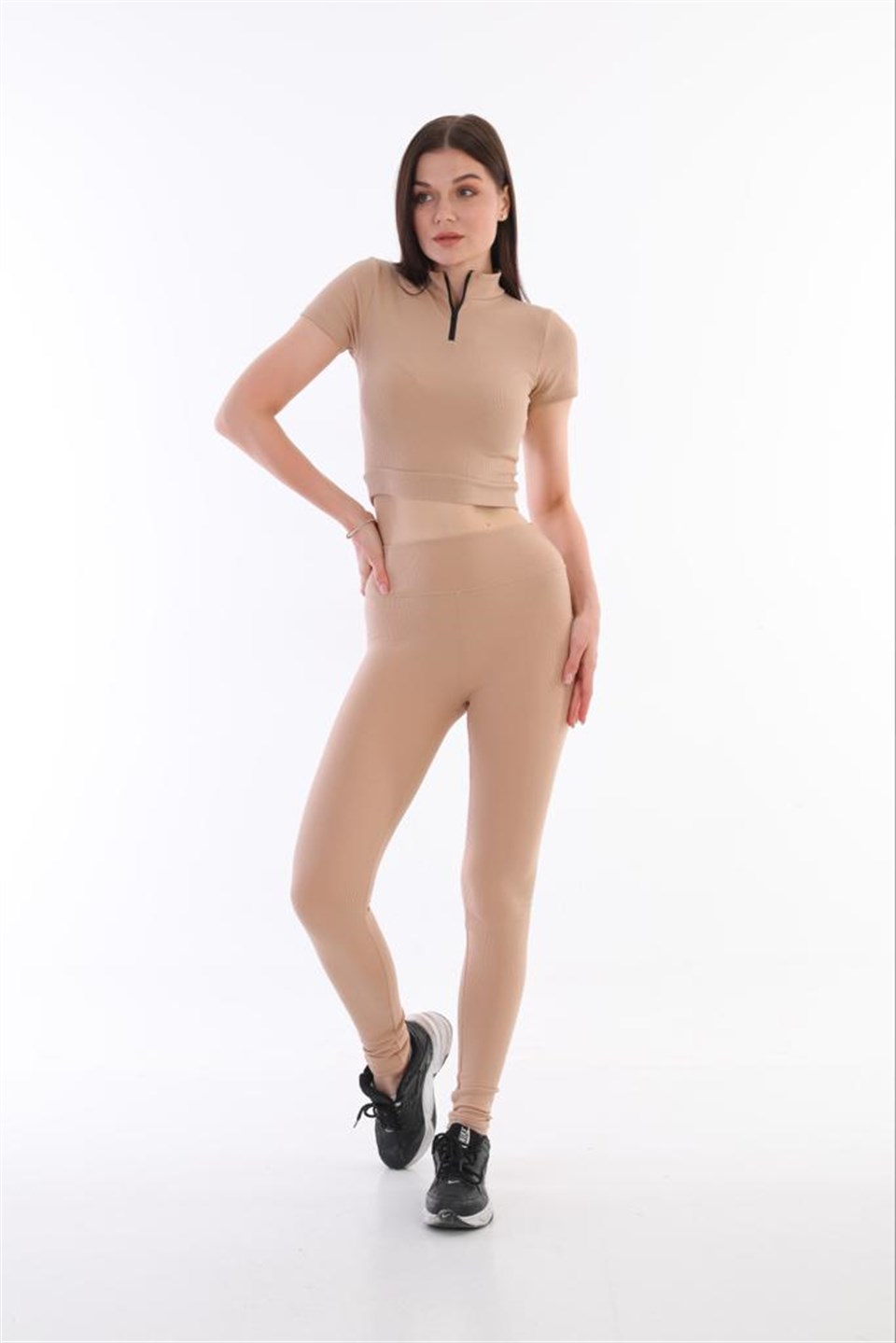 Aff-Fit-012 - Fitilli Fermuarlı Kadın Crop Bustiyer - Ten Rengi -westbound