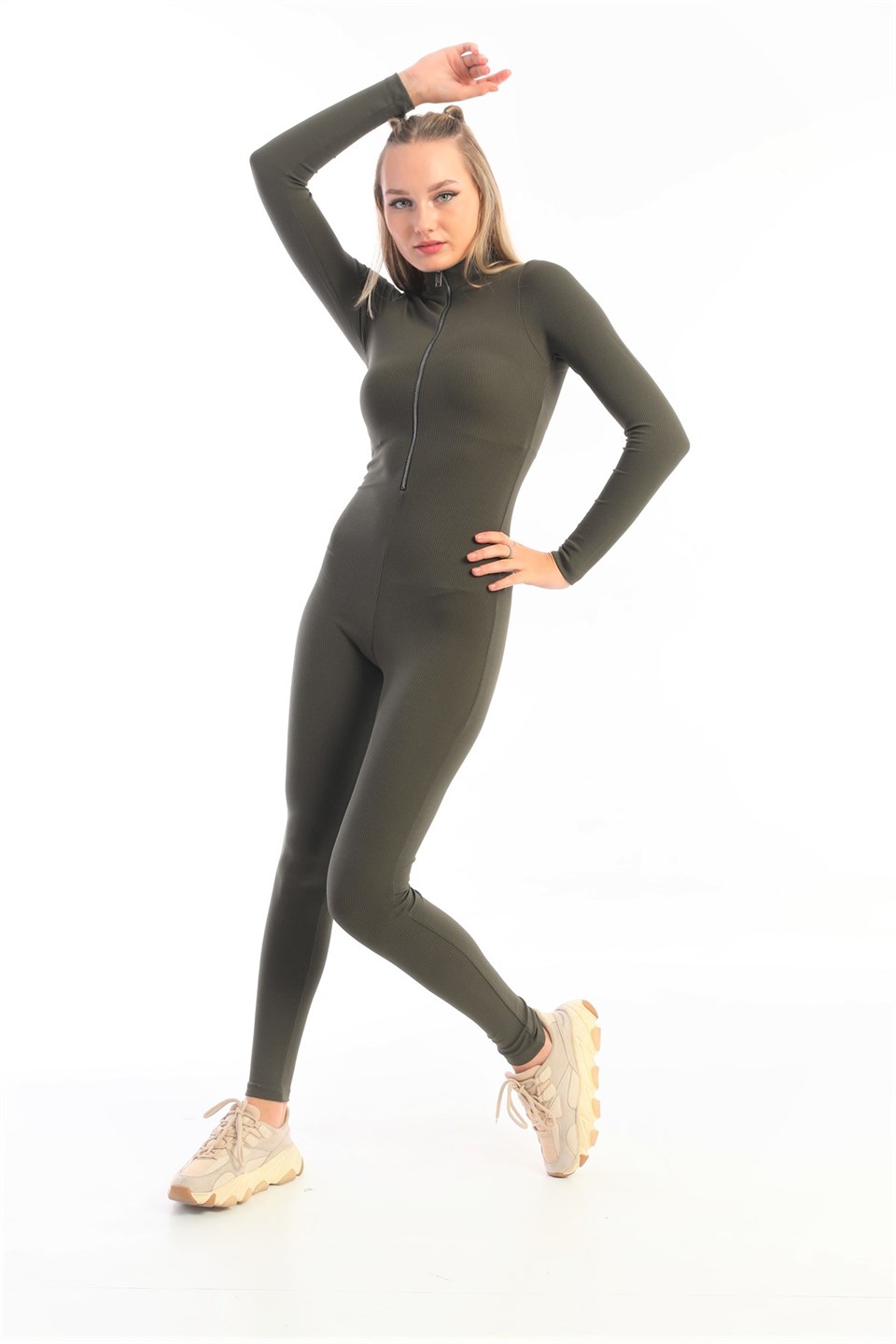 Aff-Fit-029 - Fitilli Yarım Fermuarlı Uzun Kol Tulum -Haki -westbound