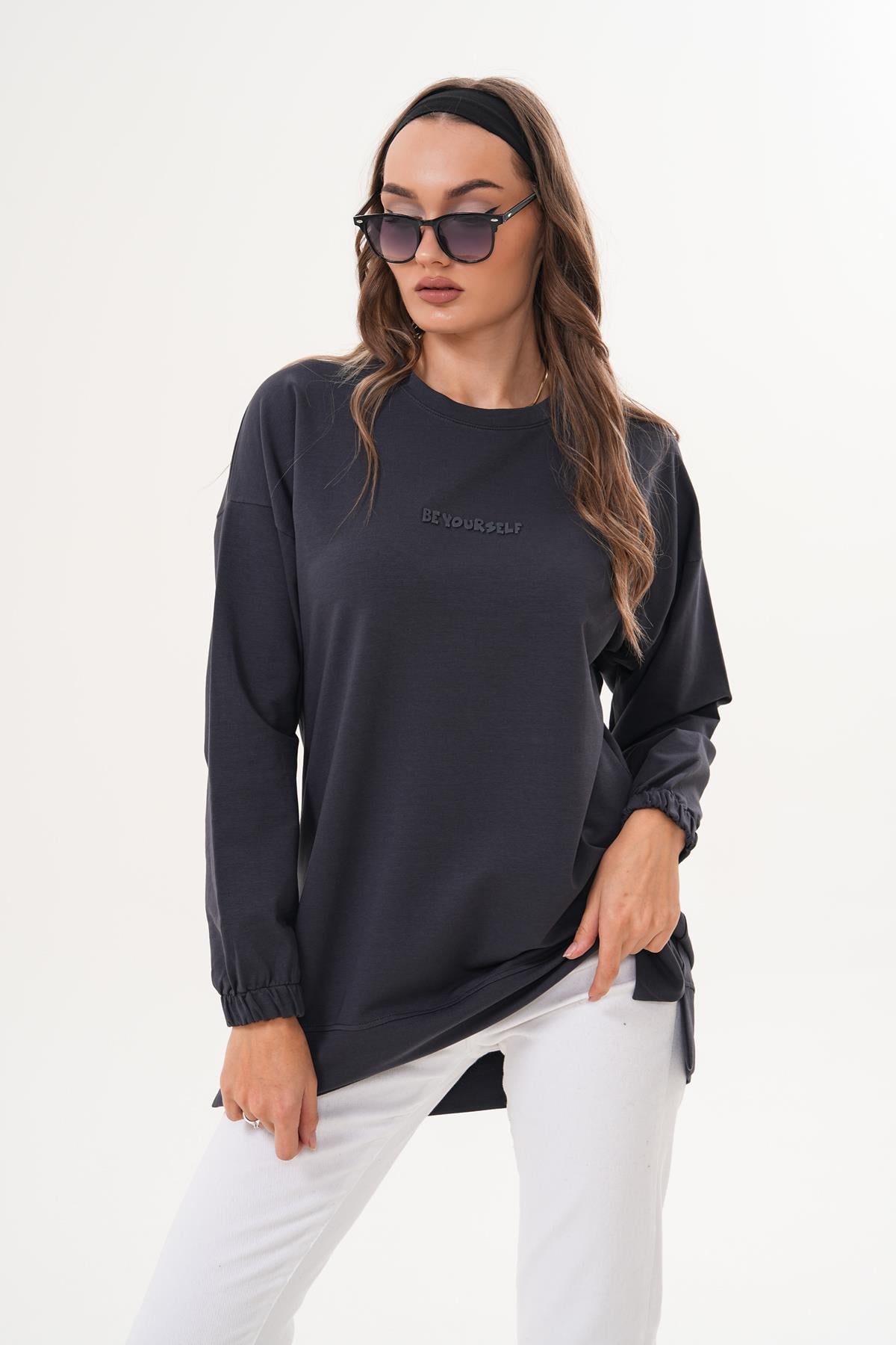 713 - Füme Be Yourself Bisiklet Yaka Uzun Kol Kadın Sweatshirt Tunik 713 -westbound