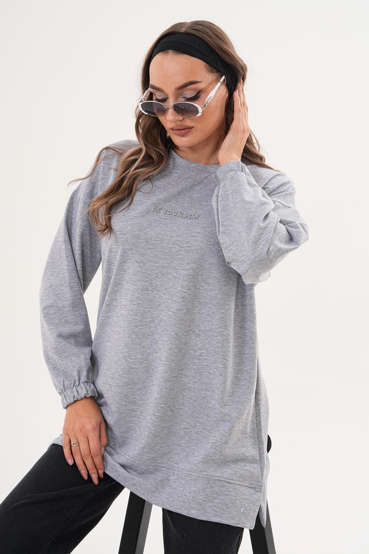 713 - GRİ Be Yourself Bisiklet Yaka Uzun Kol Kadın Sweatshirt Tunik 713 -westbound