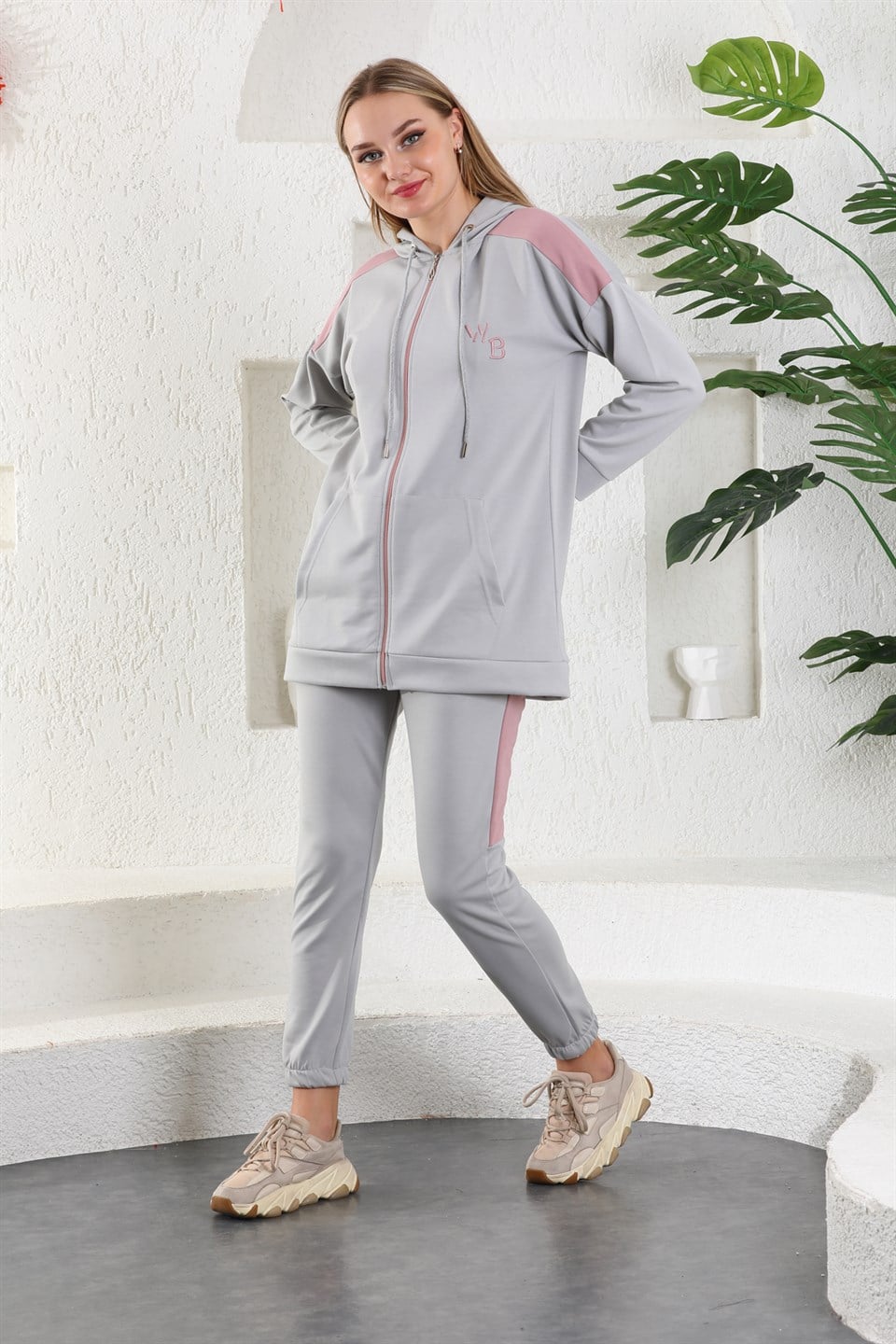 614-wb-gri-s - Gri Pudra Kadın Sweatshirt Jogger Takımı  Kapşonlu Fermuarlı Cepli -westbound