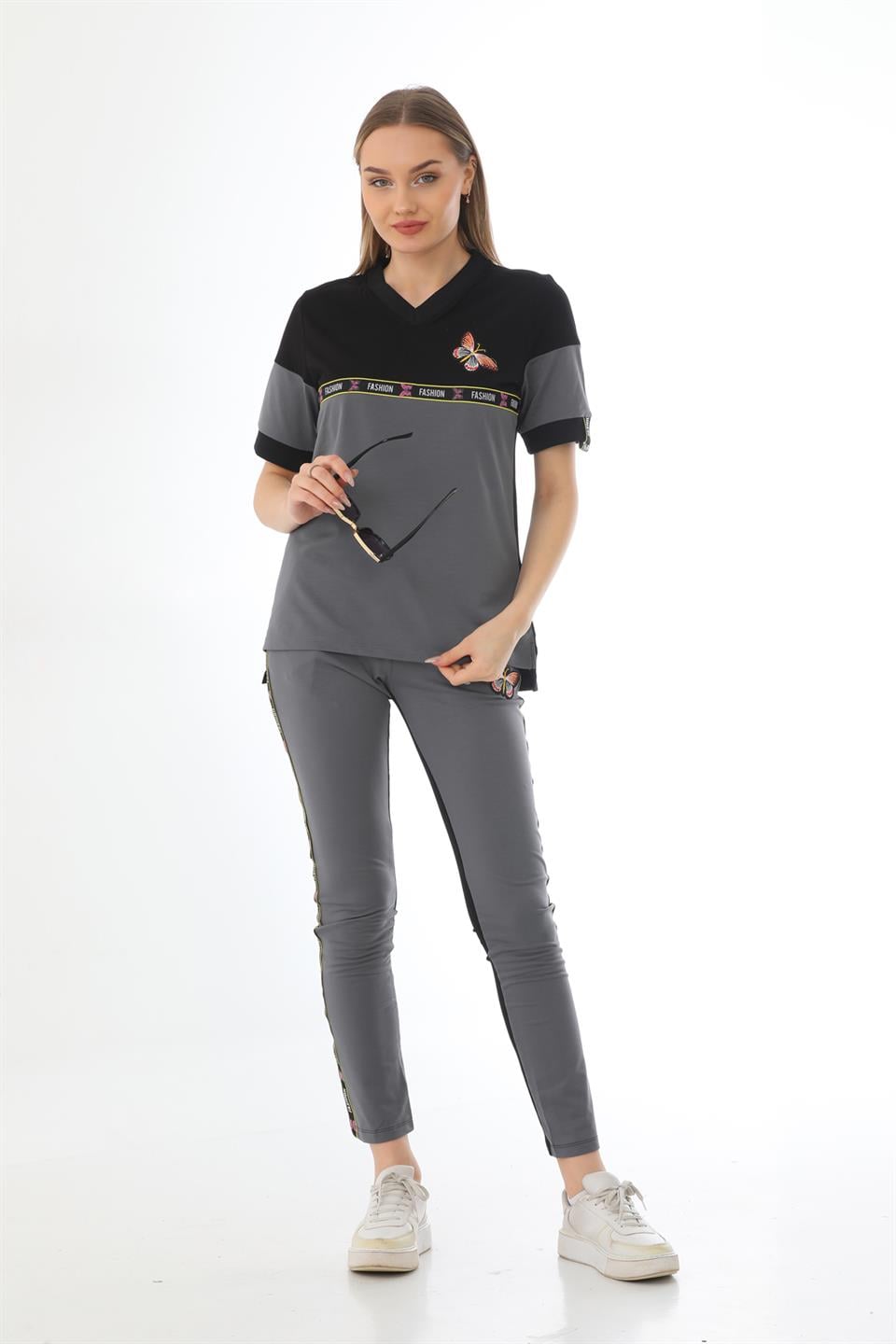 419 - Gri Trend Fashion Kelebek Motifli Kadın Eşofman Takımı -westbound
