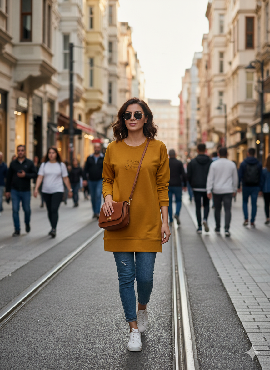 716 - Hardal  Kabartma Baskılı Bisiklet Yaka Uzun Kol Kadın Sweatshirt Tunik 716 -westbound