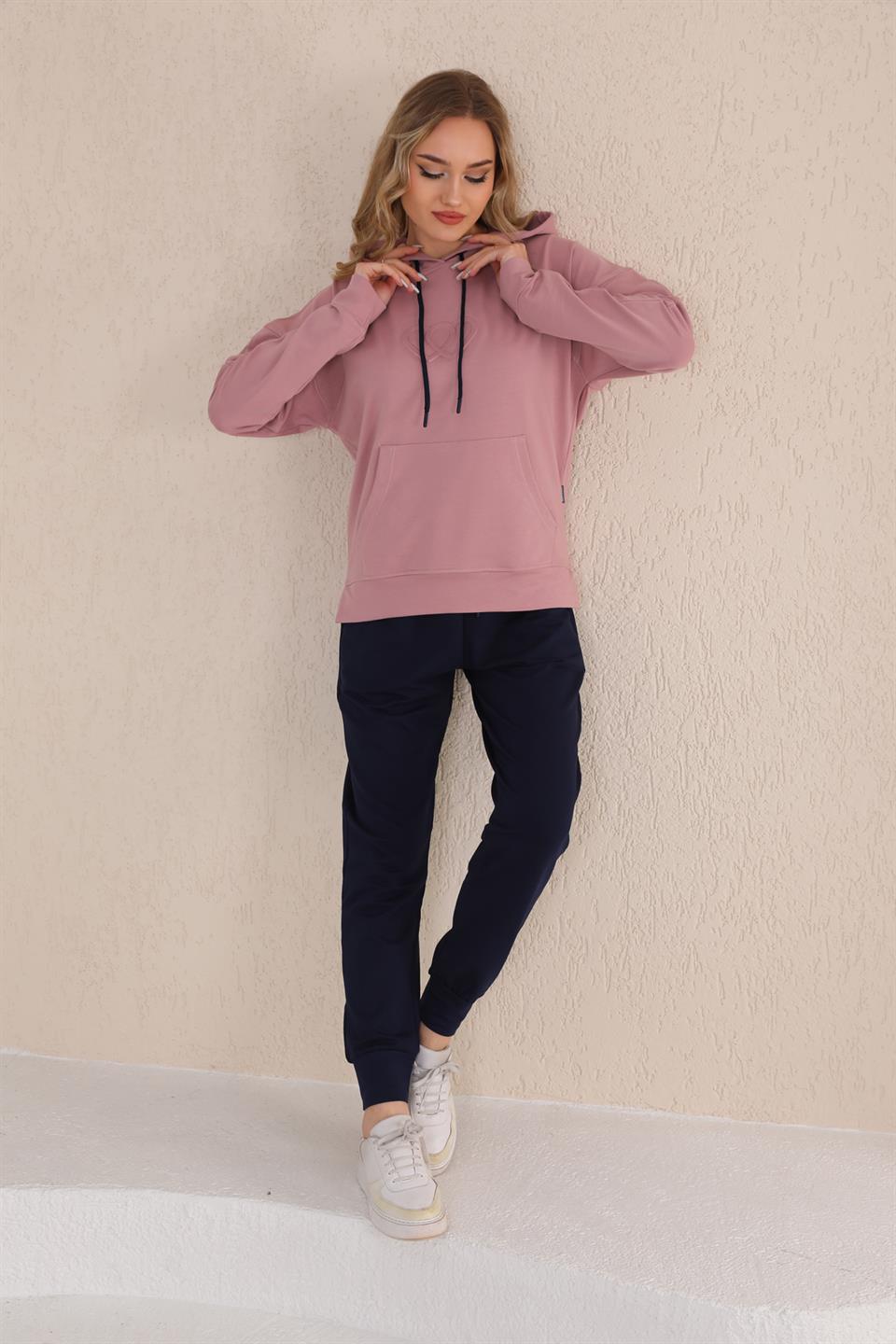 SS-1006-2 - Kabartma Kalp Desenli Günlük  Sweat Jogger Kadın Spor Takım Somon -westbound