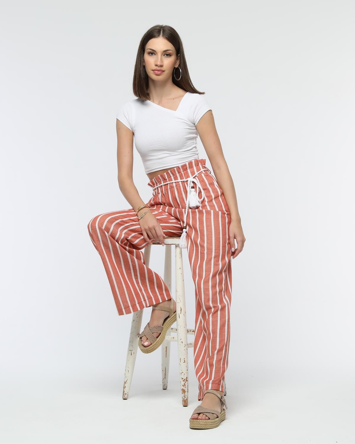 Pant-24-05 - Kadın Bağcıklı Bol Paça Çizgili Keten Pantolon SOMON -westbound