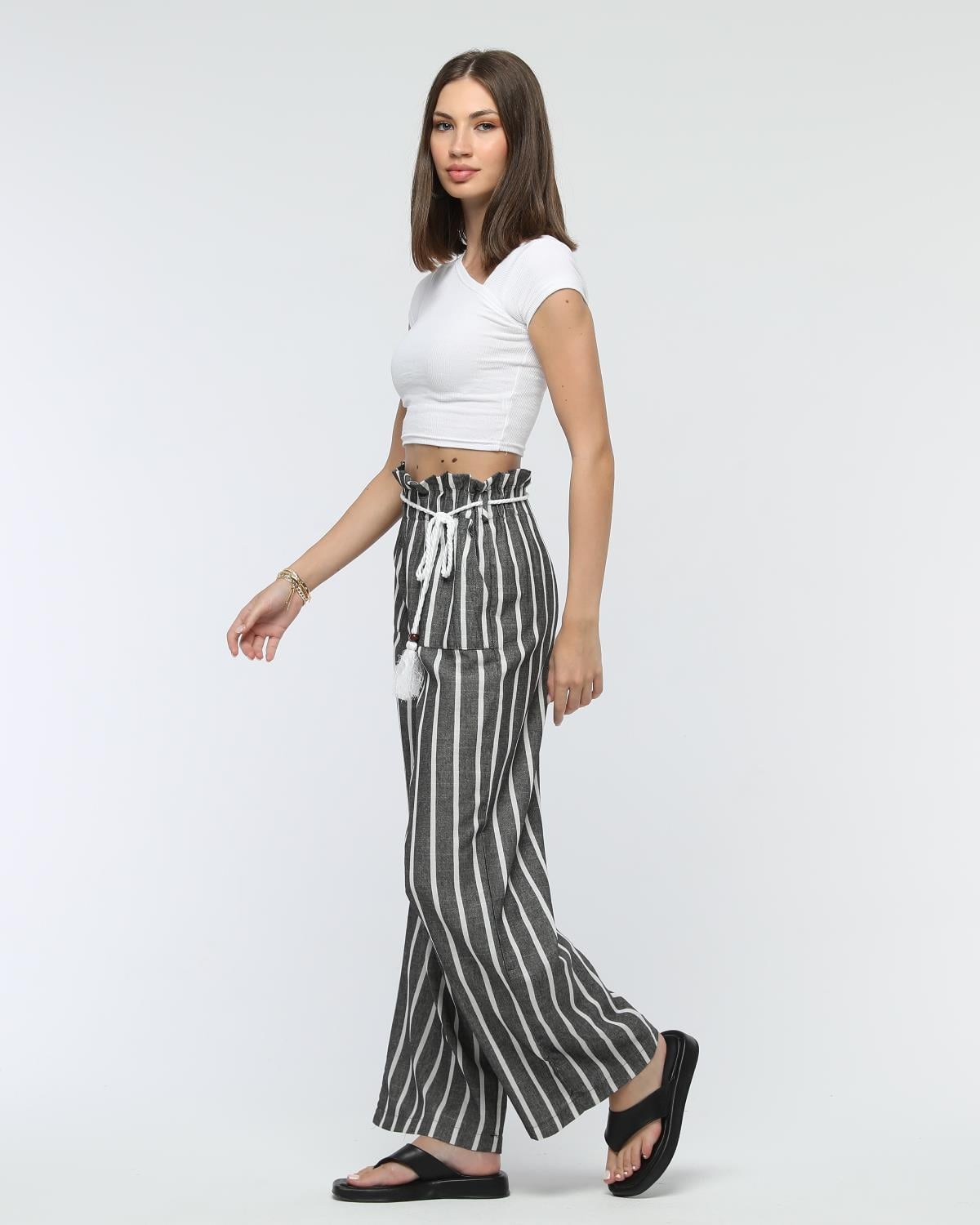 Pant-24-05 - Kadın Bağcıklı Bol Paça Çizgili Keten Pantolon FÜME -westbound