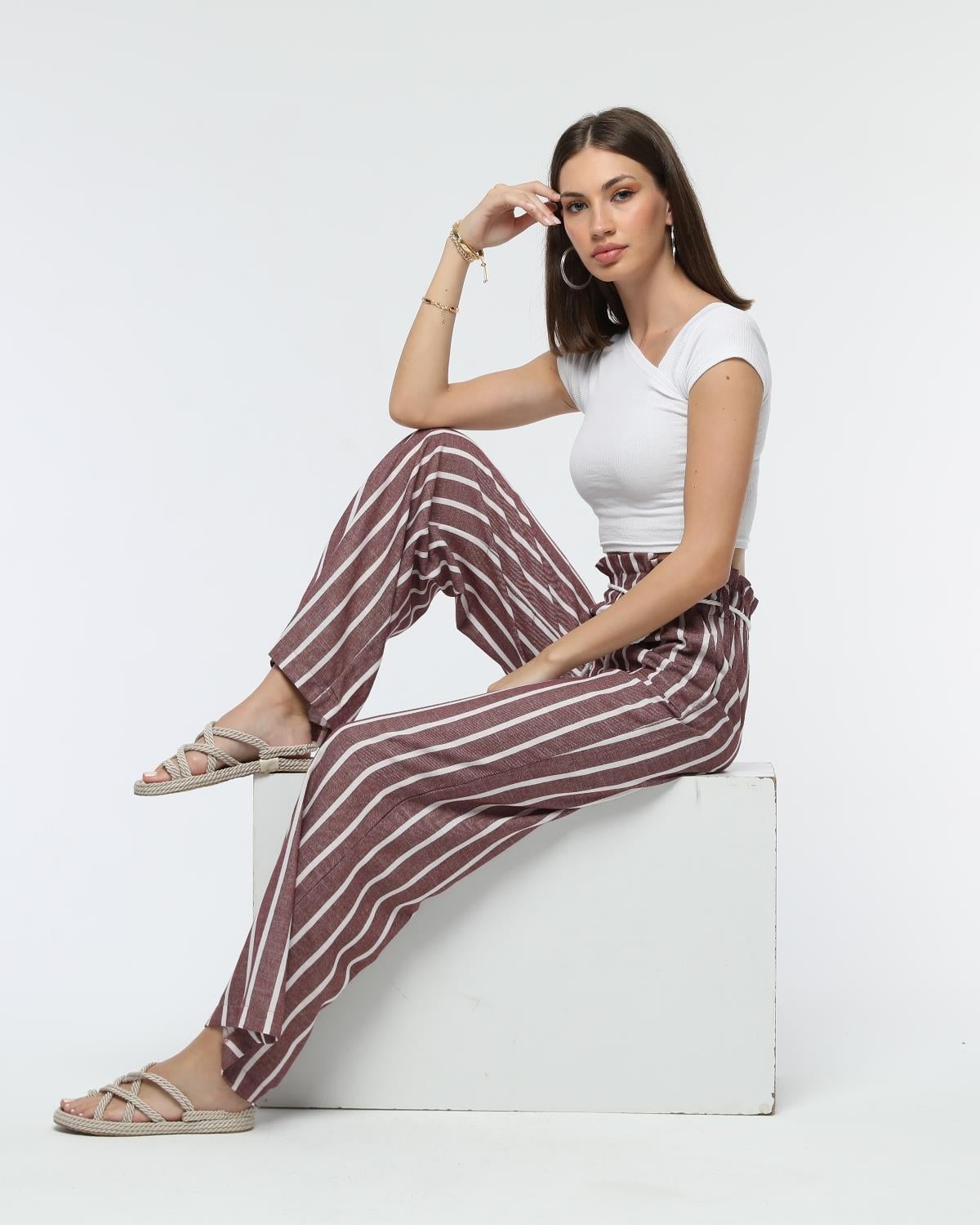 Pant-24-05 - Kadın Bağcıklı Bol Paça Çizgili Keten Pantolon VİŞNE -westbound