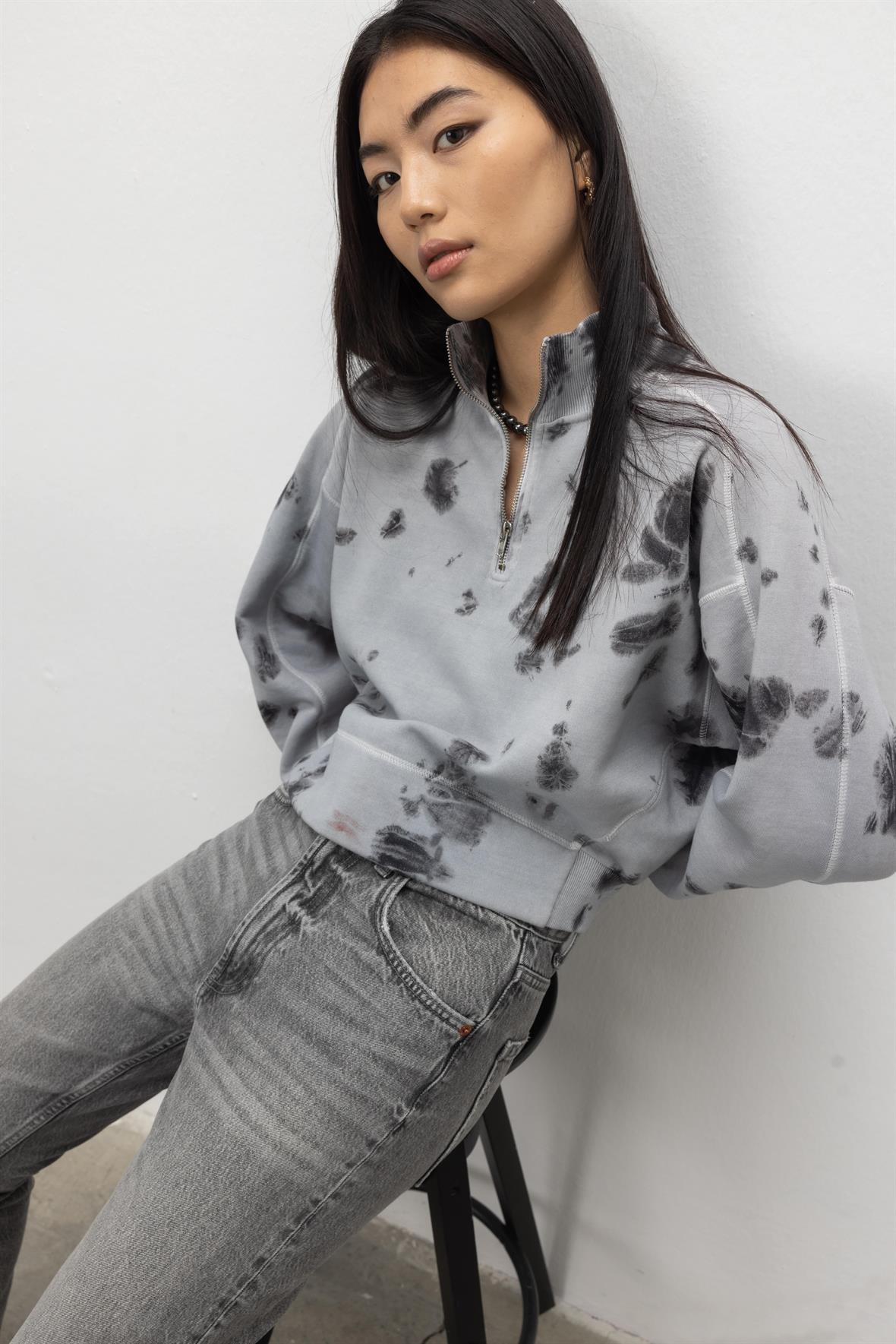 Kadın Batik İstanbul Grisi Kısa Yarım Fermuarlı Sweatshirt