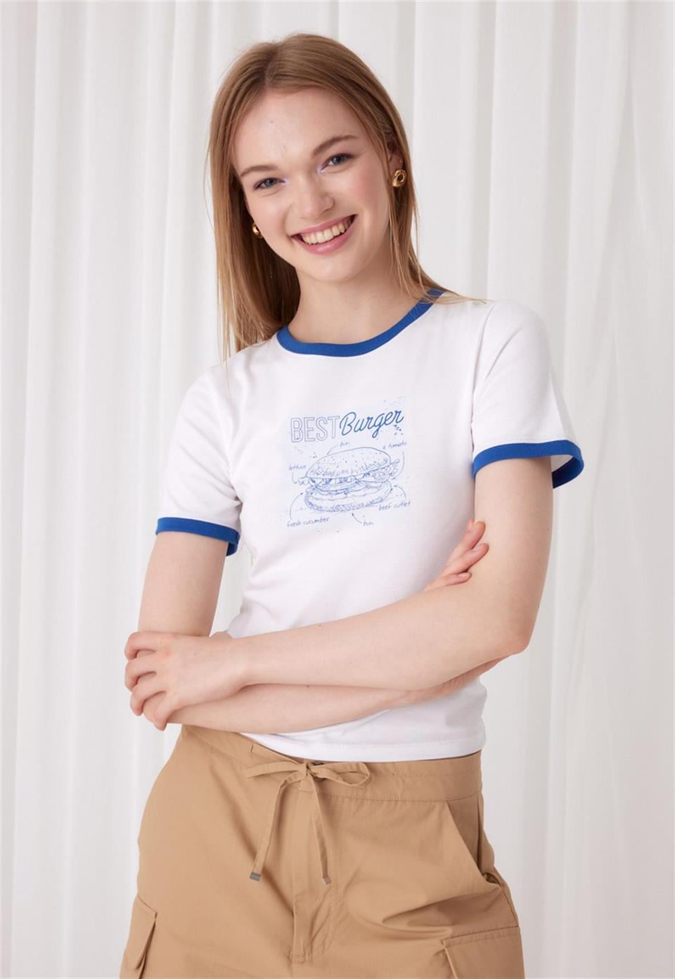 Kadın Best Burger Baskılı Beyaz Kısa Kollu Crop T-Shirt