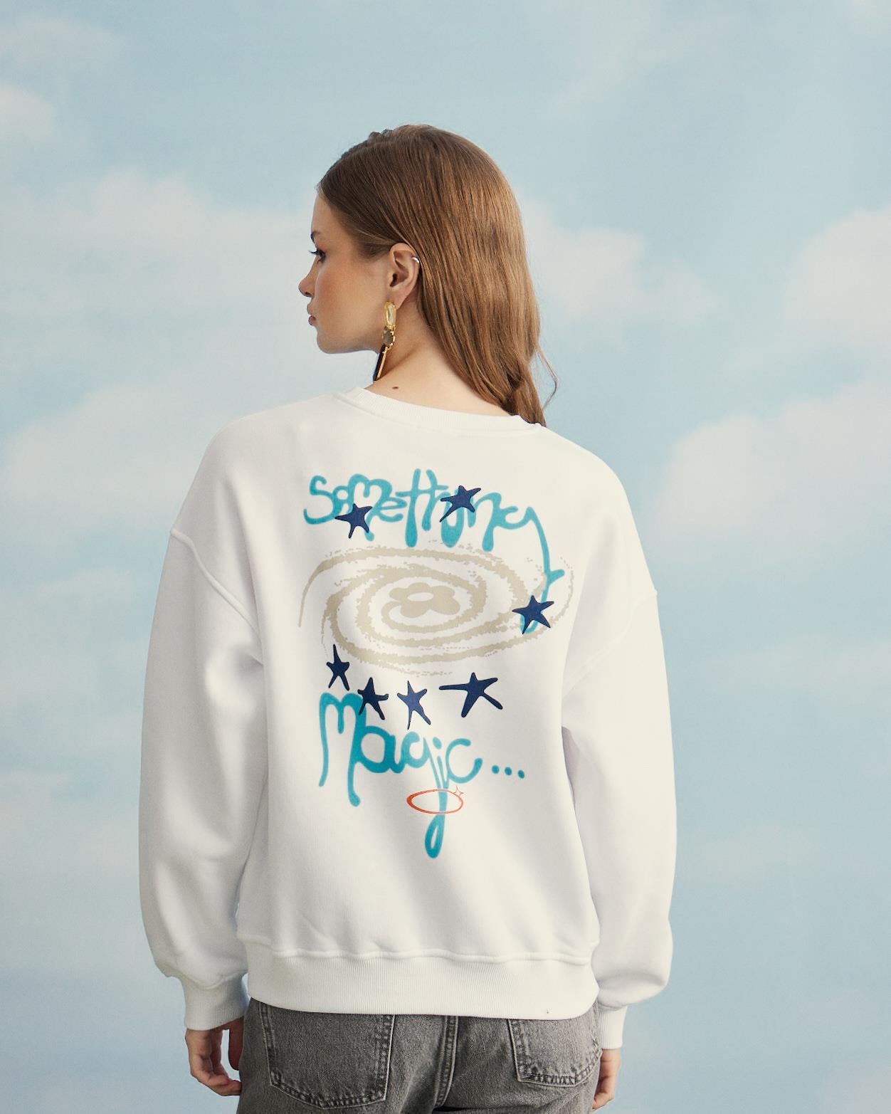 Kadın Beyaz Renk Baskılı Sweatshirt