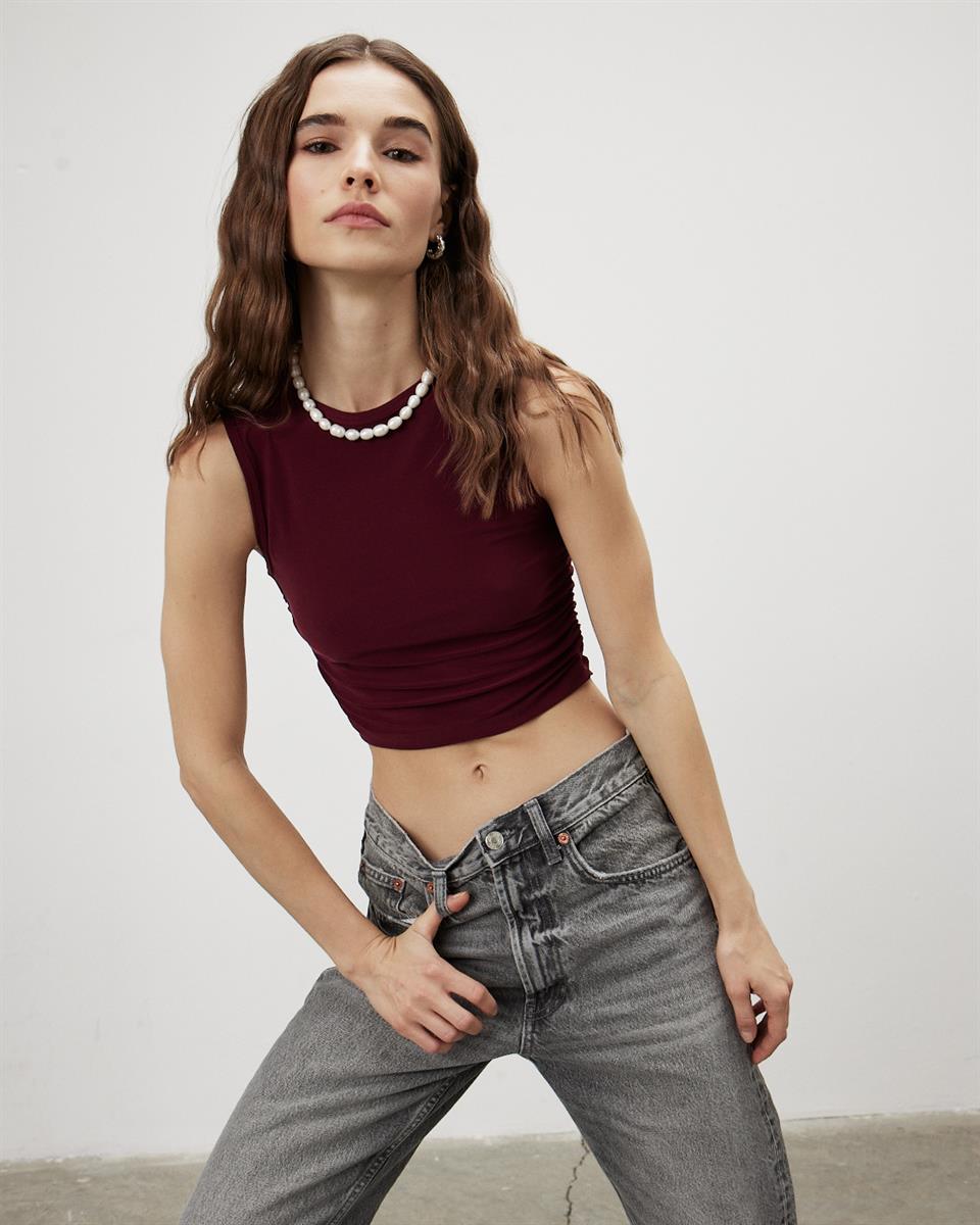 TG091 - Kadın Bordo Bisiklet Yaka Crop Bluz -TUBİA