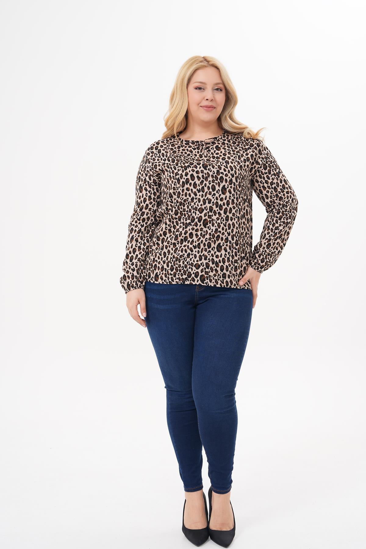 V-512 - Kadın Büyük Beden Uzun Kol Yazlık Leopar Desen Bluz | Tunik | Gömlek -westbound