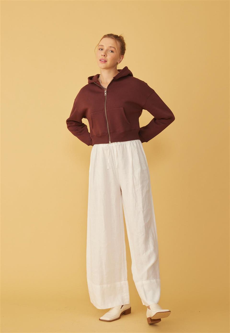 Kadın Çikolata Renk Kapüşonlu Şardonlu Crop Sweatshirt Hırka