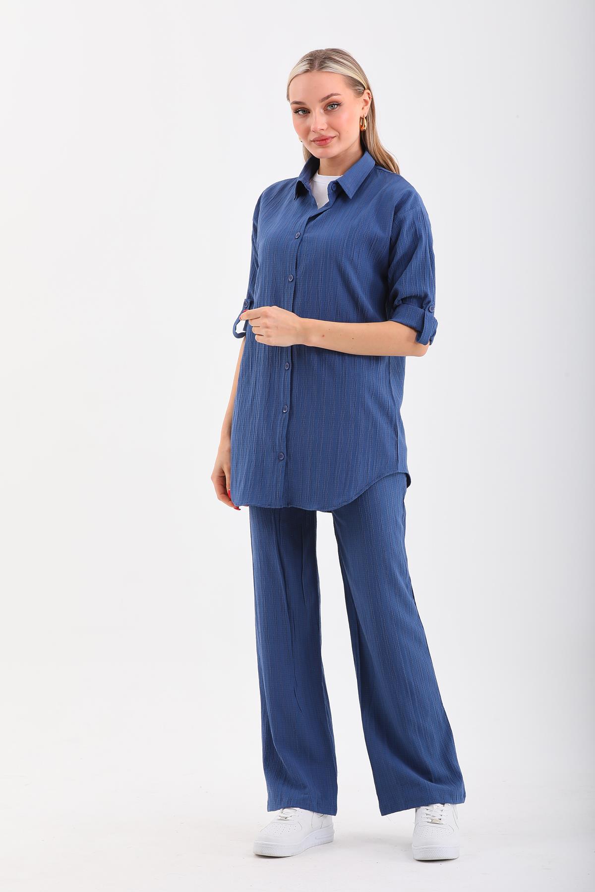 662 - Kadın Günlük Üçlü Takım Gömlek Pantolon T-Shirt - İNDİGO -westbound