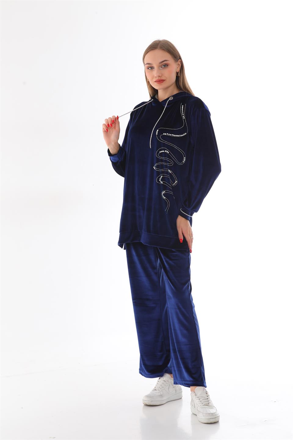 644 - Kadın Kadife Taş İşlemeli Kapüşonlu Takım - LACİVERT -westbound