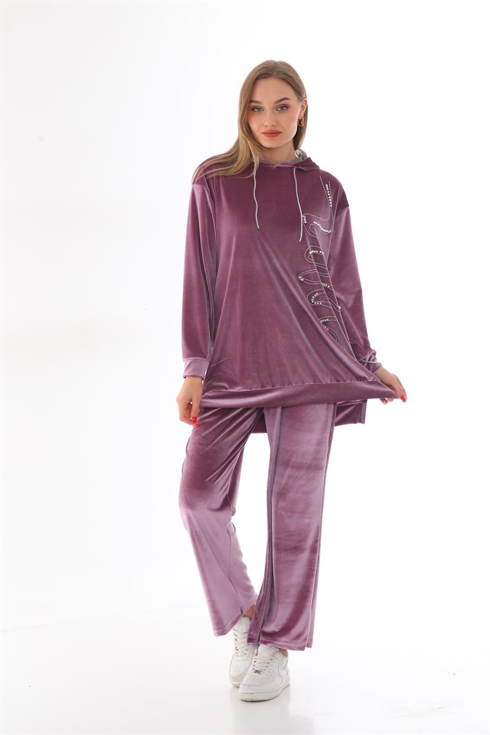 644 - Kadın Kadife Taş İşlemeli Kapüşonlu Takım - SOMON -westbound