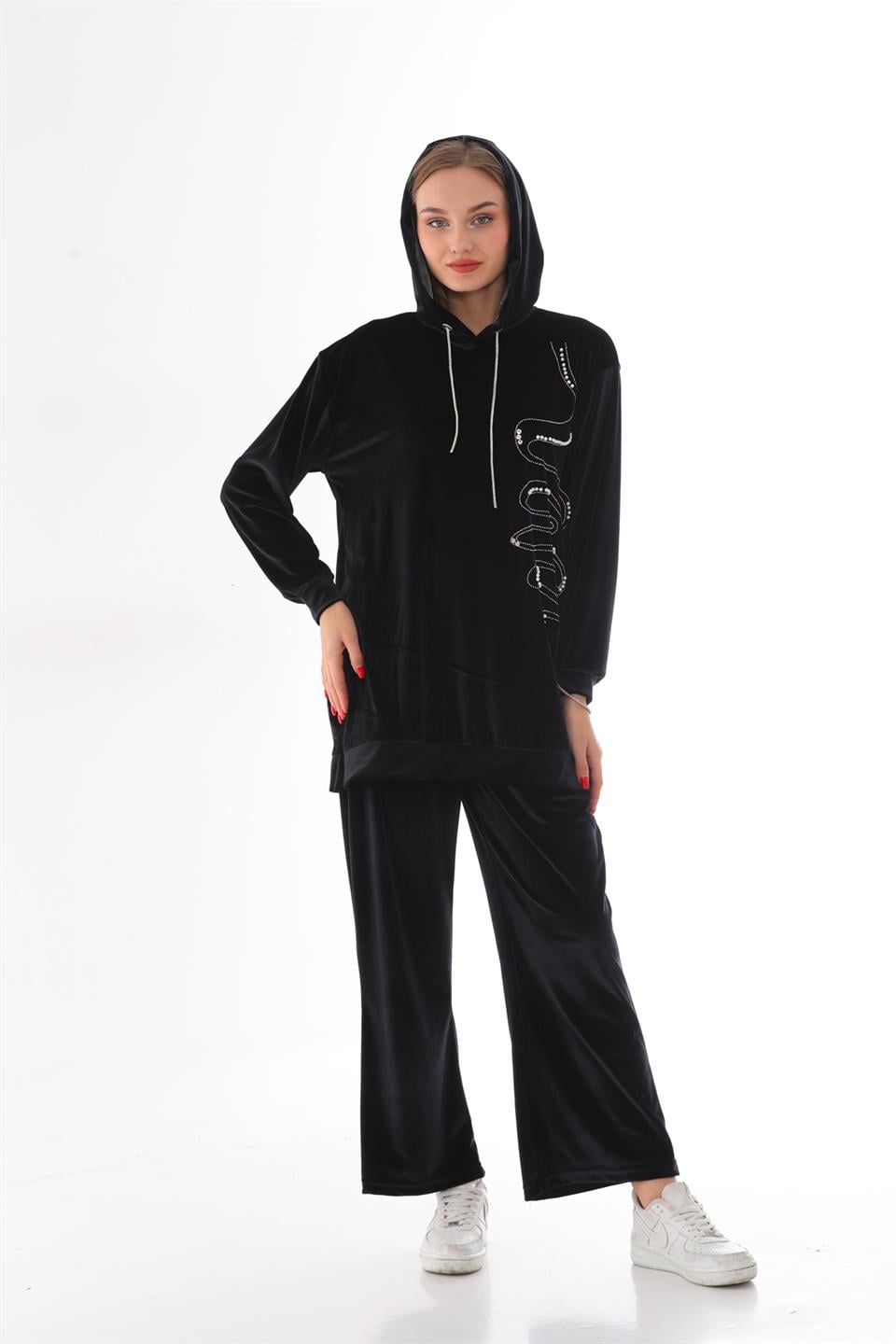 644 - Kadın Kadife Taş İşlemeli Kapüşonlu Takım - SİYAH -westbound