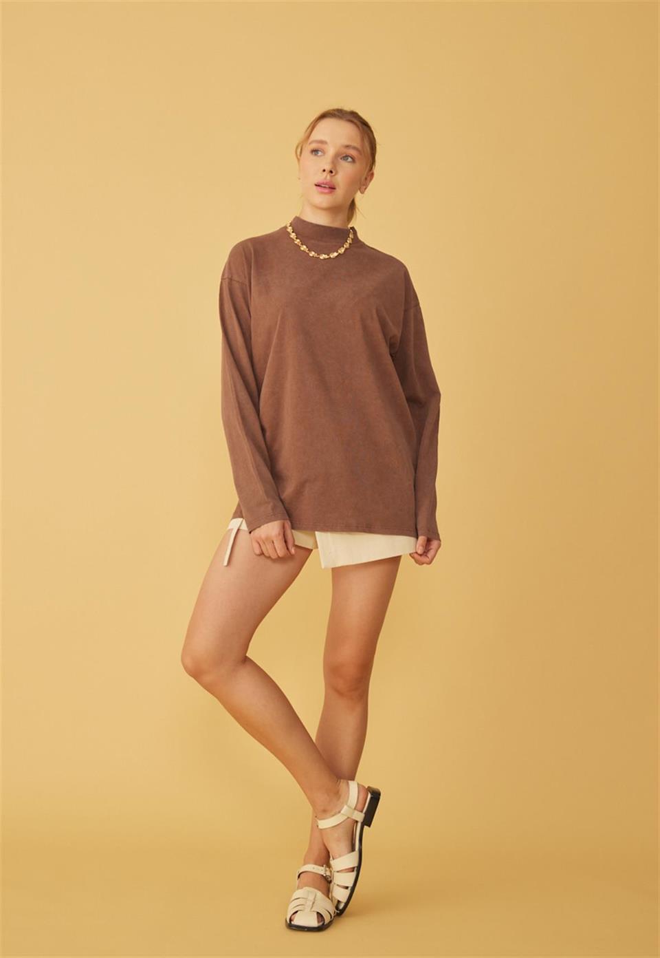 Kadın Kahverengi Eskitmeli Oversize Basic Uzun Kolu T-Shirt