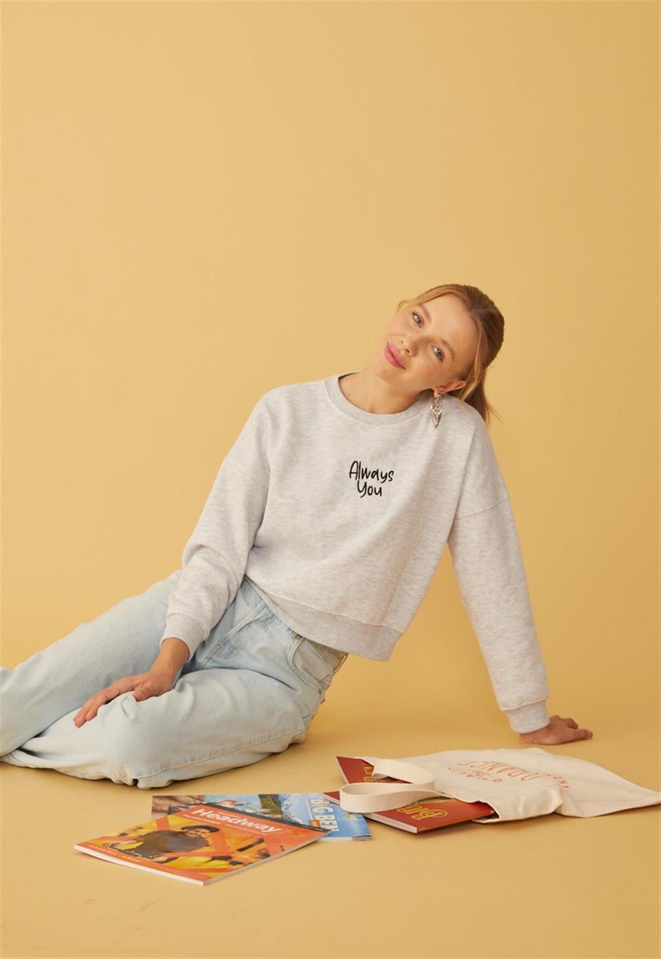 Kadın Kar Melanj Always You Baskılı Kısa Sweatshirt