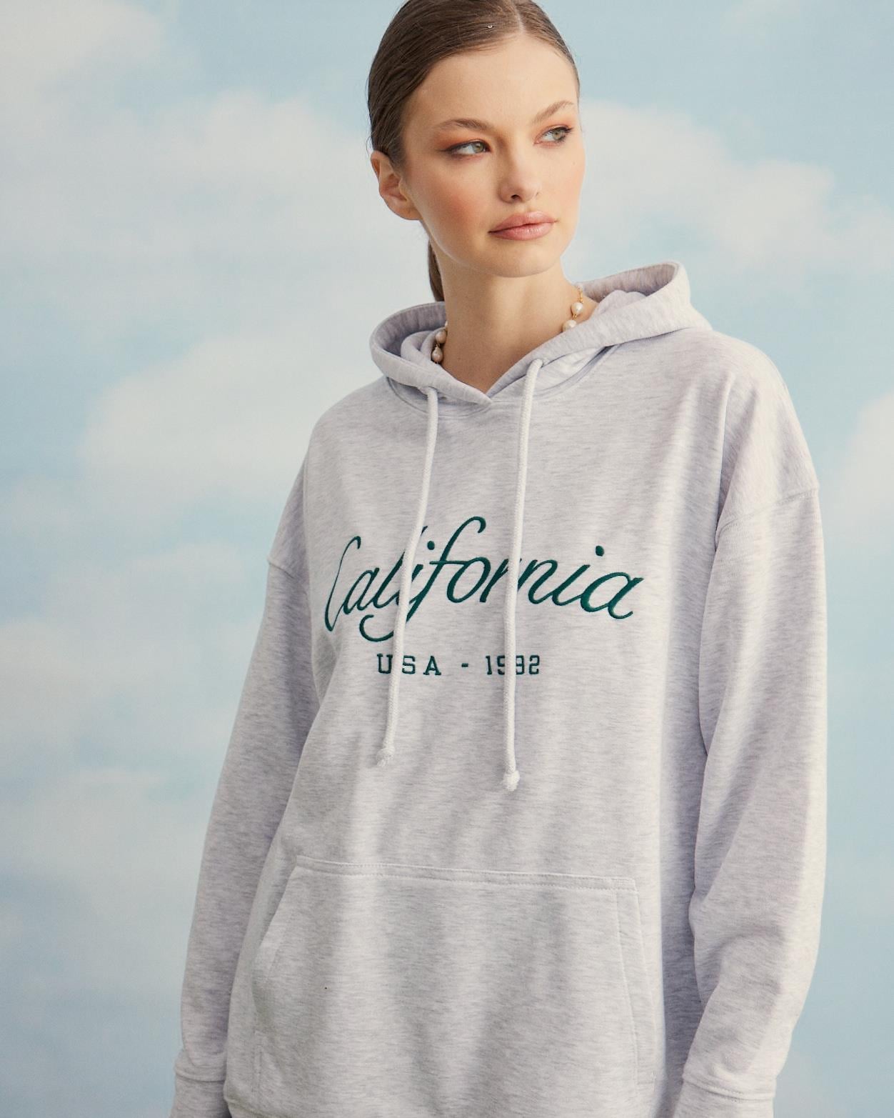 Kadın Kar Melanj Renk Baskılı Kapüşonlu Oversize Sweatshirt