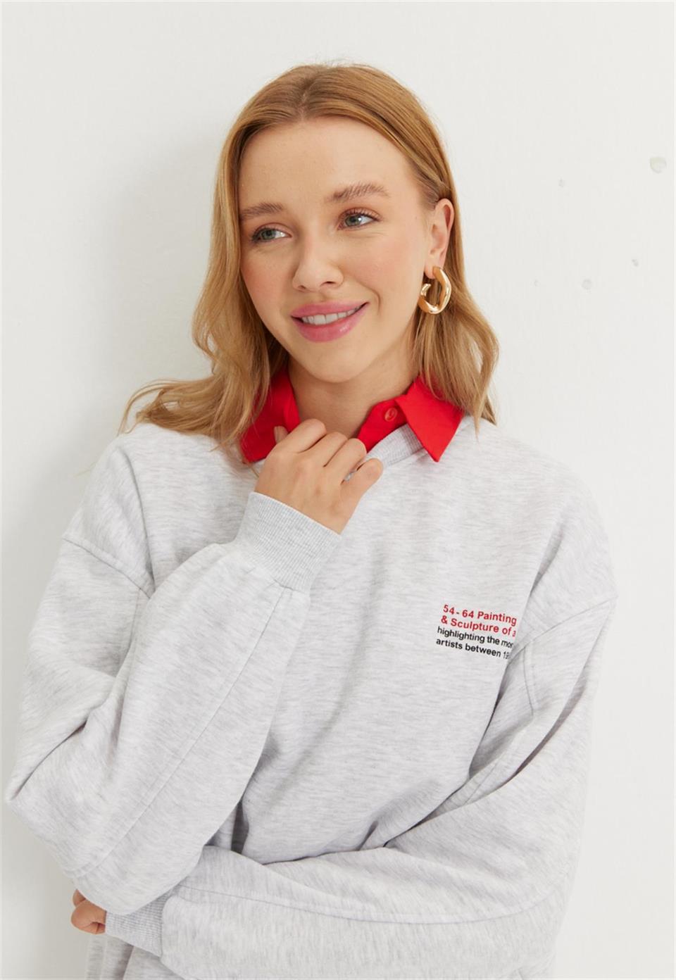 Kadın Kar Melanj Renk Kırmızı Baskılı Oversize Sweatshirt