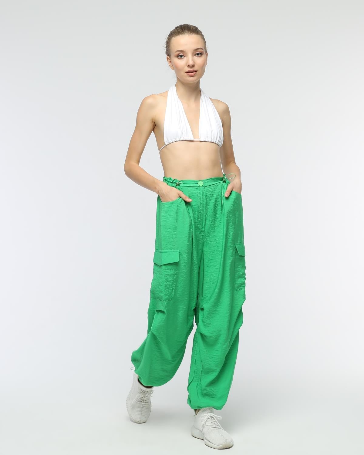 Pant-24-06 - Kadın Kargo Cepli Lastikli Spor Pantolon YEŞİL -westbound