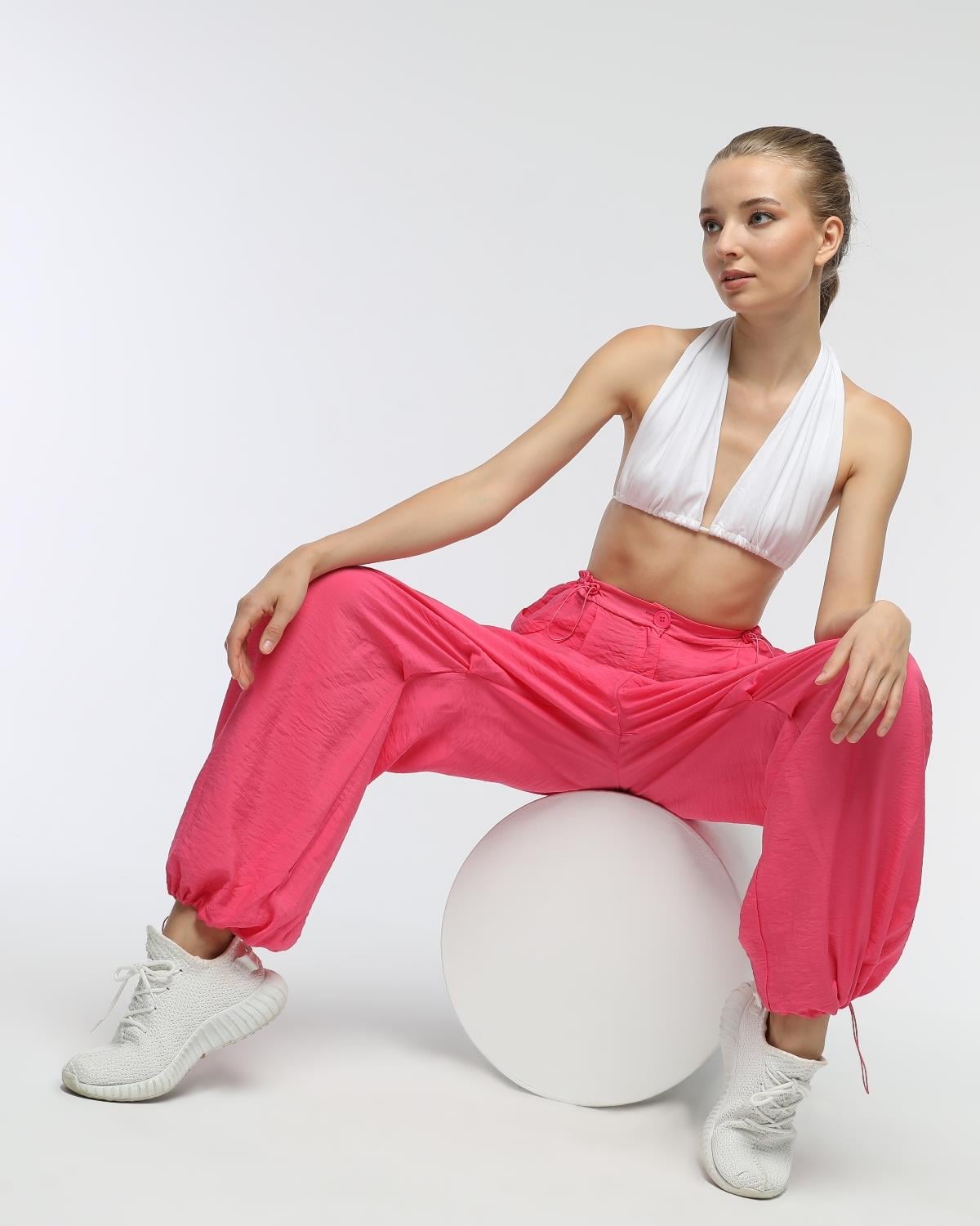 Pant-24-06 - Kadın Kargo Cepli Lastikli Spor Pantolon FUŞYA -westbound