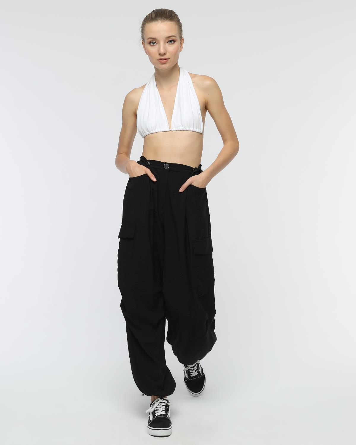 Pant-24-06 - Kadın Kargo Cepli Lastikli Spor Pantolon SİYAH -westbound