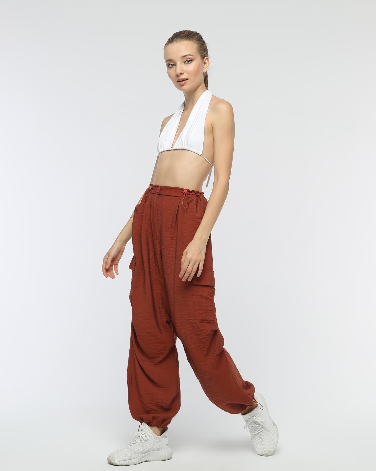 Pant-24-06 - Kadın Kargo Cepli Lastikli Spor Pantolon KAHVE -westbound
