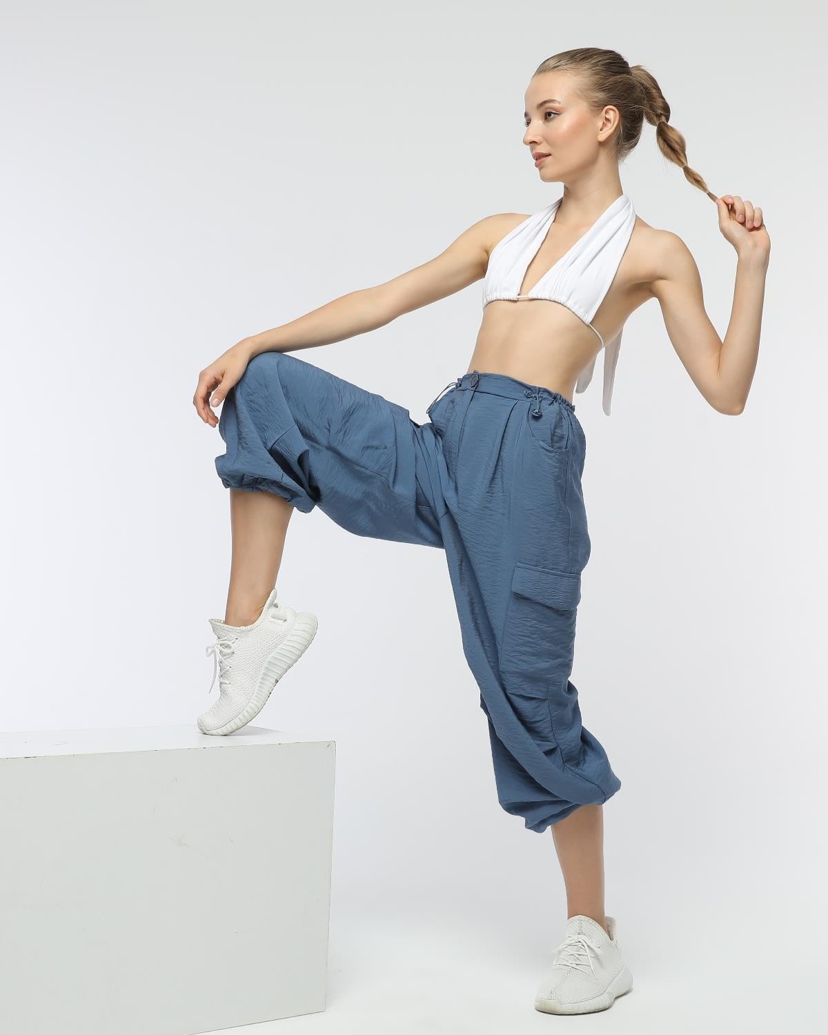 Pant-24-06 - Kadın Kargo Cepli Lastikli Spor Pantolon İNDİGO -westbound