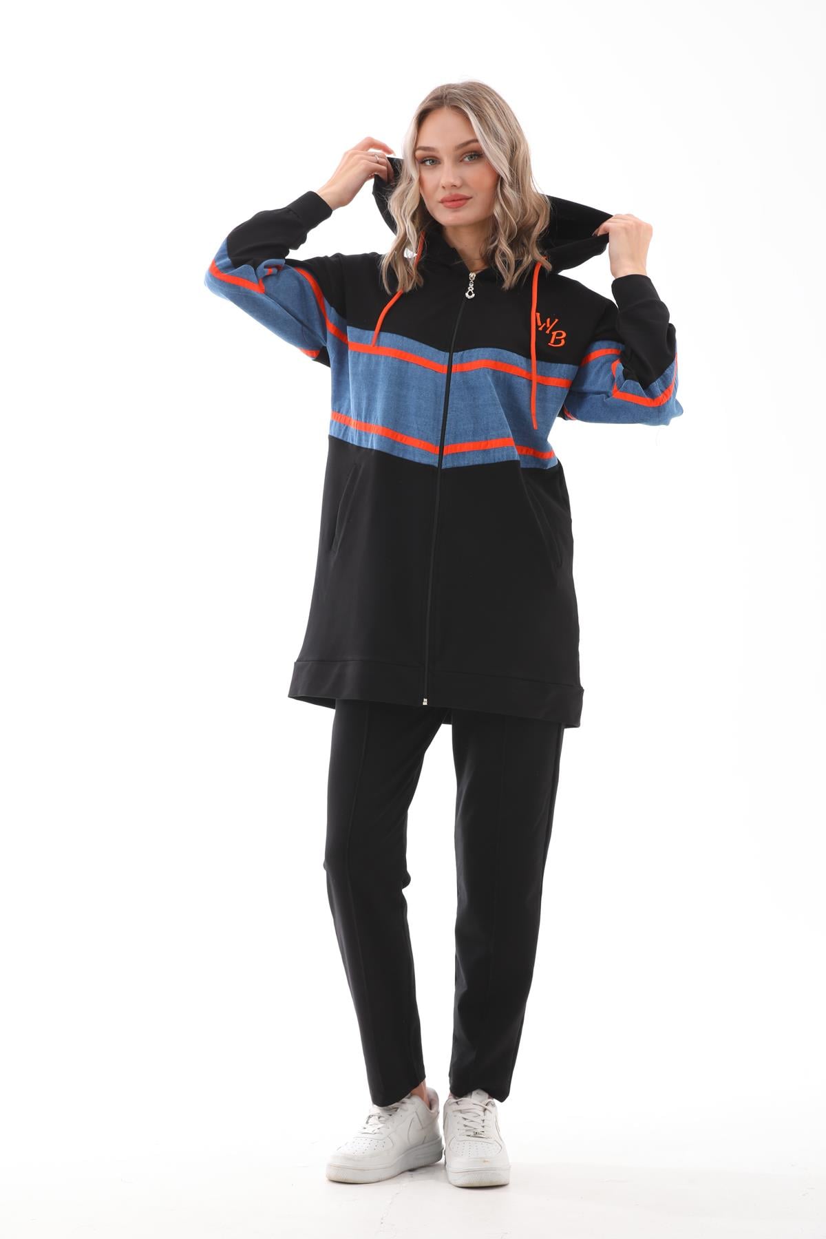 674 - Kadın Kot Parçalı Şeritli Alt Üst İkili Eşofman Takımı SİYAH -westbound