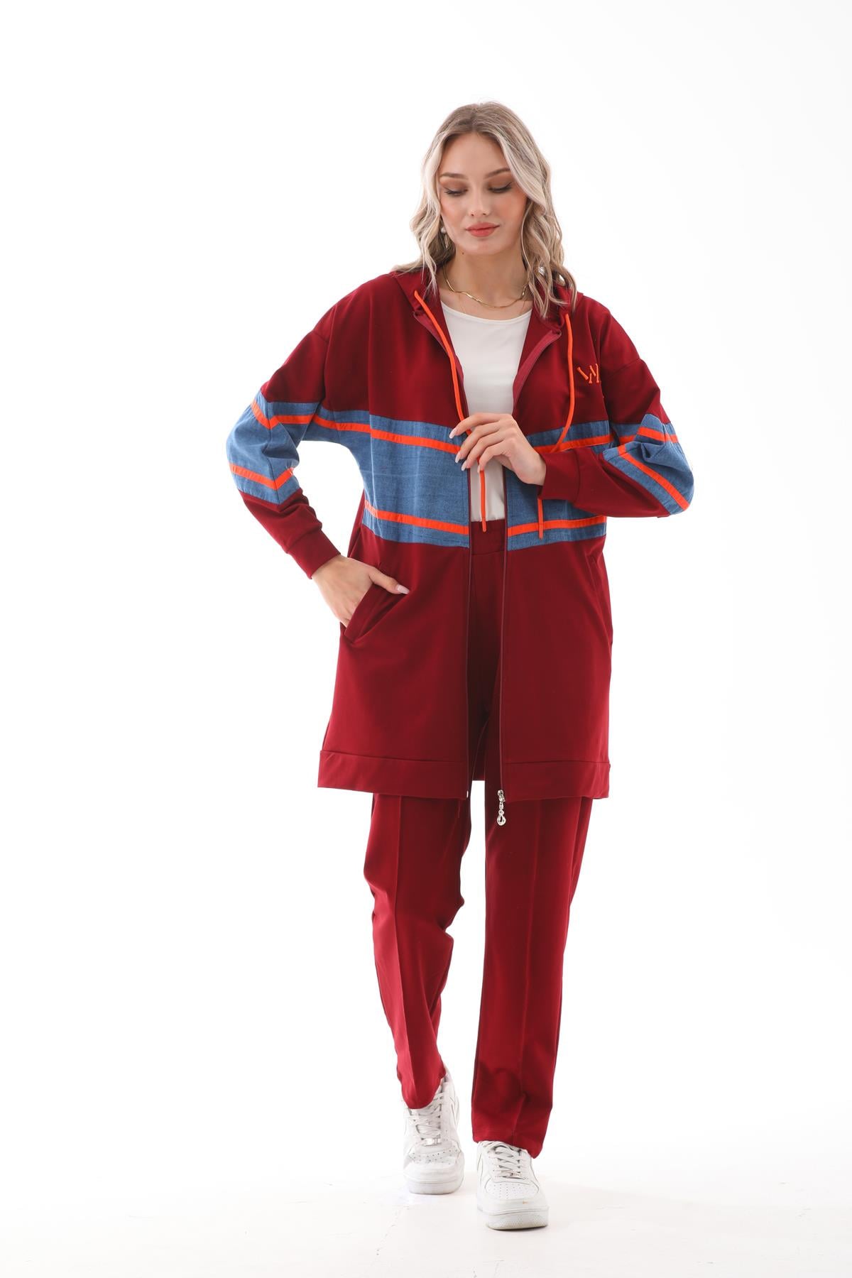 674 - Kadın Kot Parçalı Şeritli Alt Üst İkili Eşofman Takımı BORDO -westbound