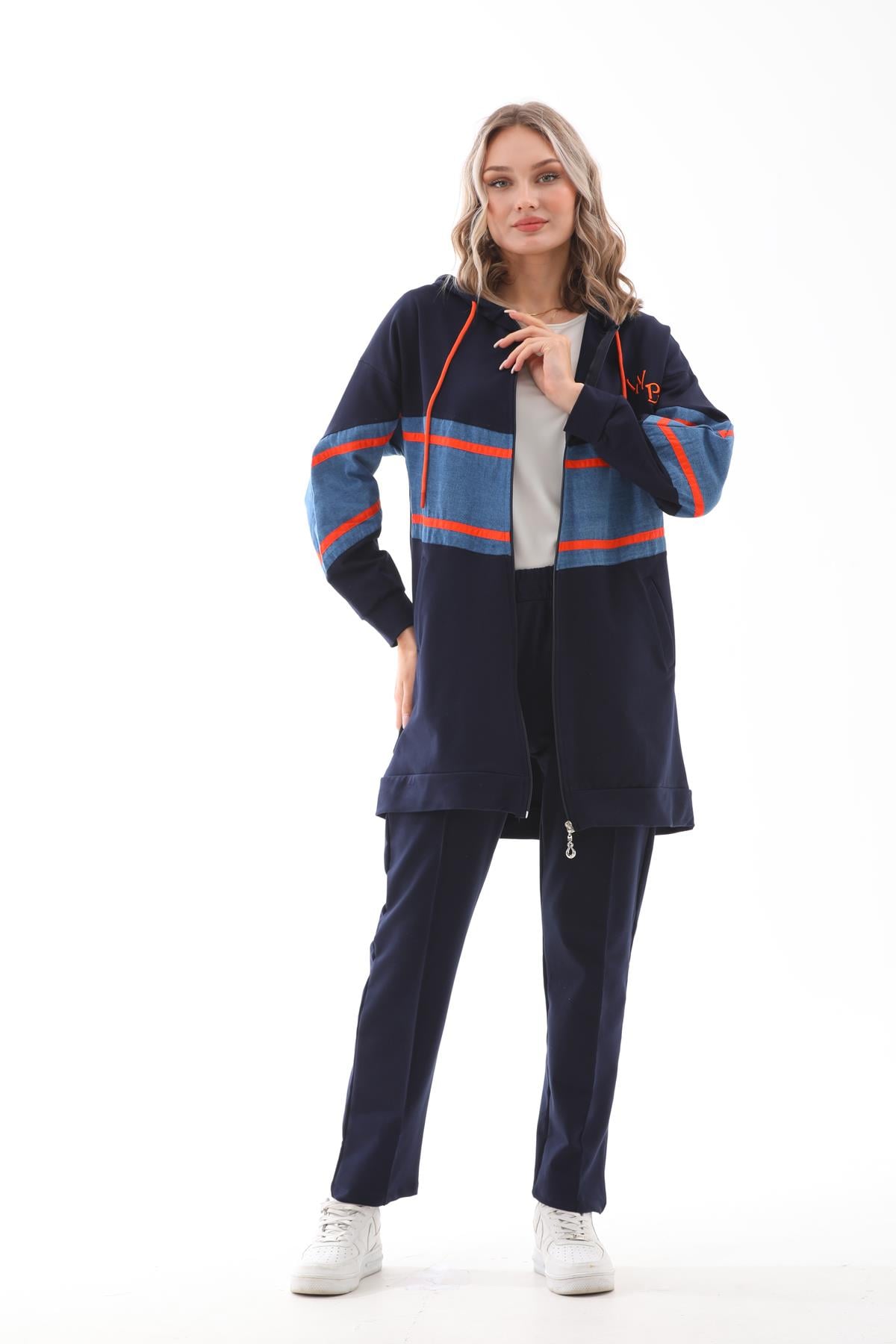 674 - Kadın Kot Parçalı Şeritli Alt Üst İkili Eşofman Takımı LACİVERT -westbound