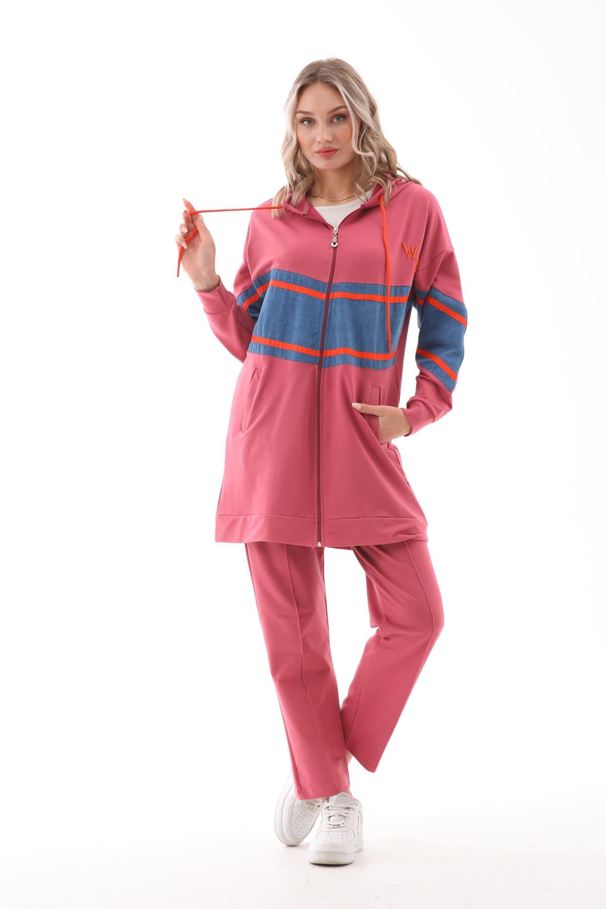 674 - Kadın Kot Parçalı Şeritli Alt Üst İkili Eşofman Takımı PUDRA -westbound