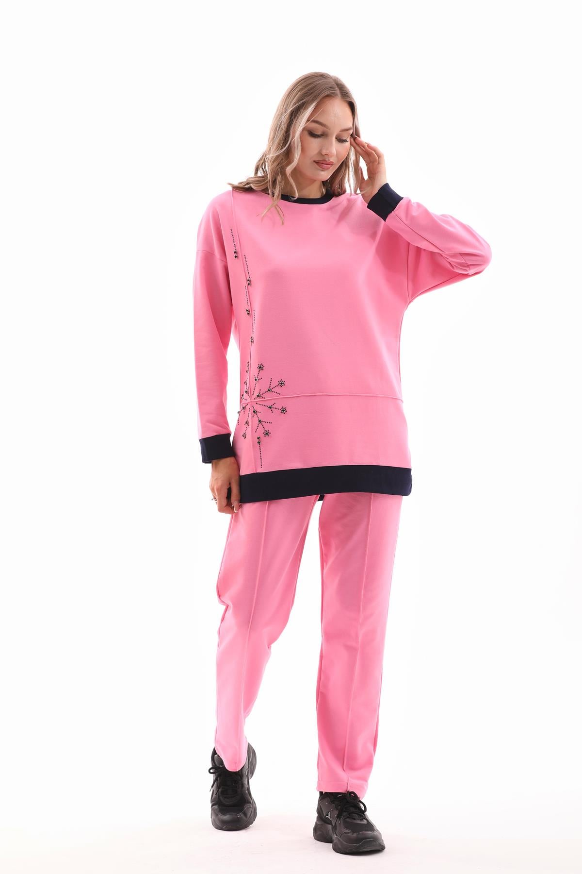683 - Kadın Kristal Motif Taşlı Eşofman Takımı - PEMBE -westbound