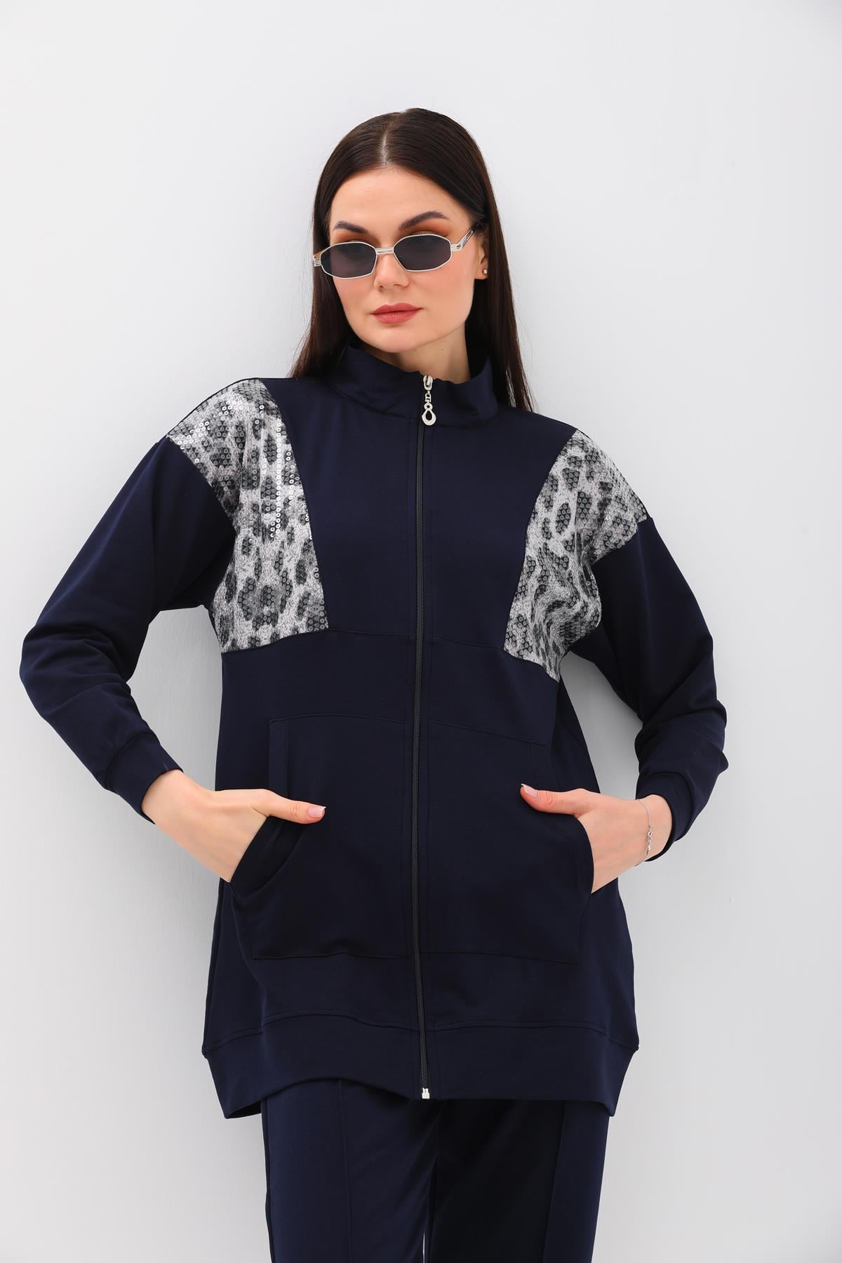 658 - Kadın Leopar Pul Payetli Günlük 2 li Spor Takım  LACİVERT -westbound