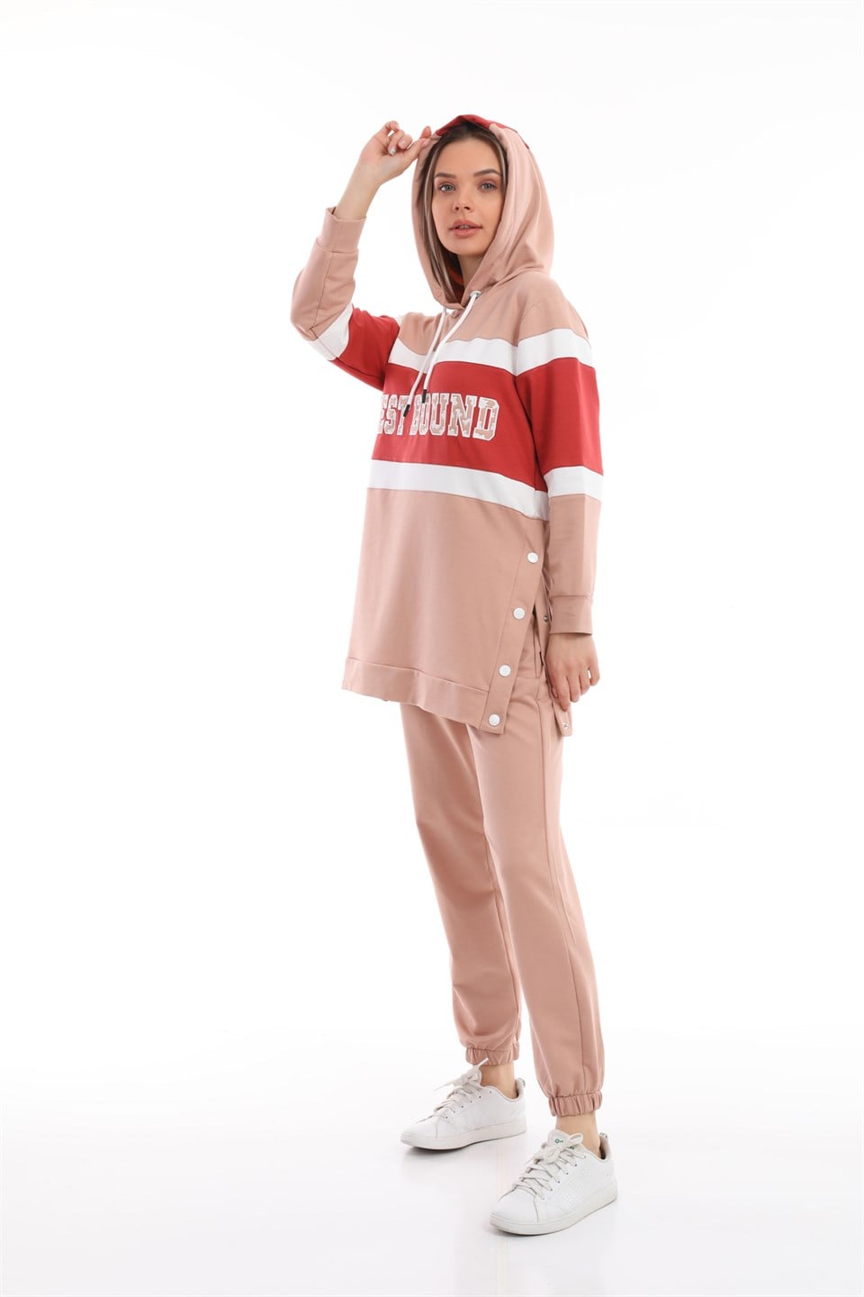 7911276000867 - KADIN PUDRA ÇITÇITLI NAKIŞLI KAPÜŞONLU EŞOFMAN TAKIMI -westbound