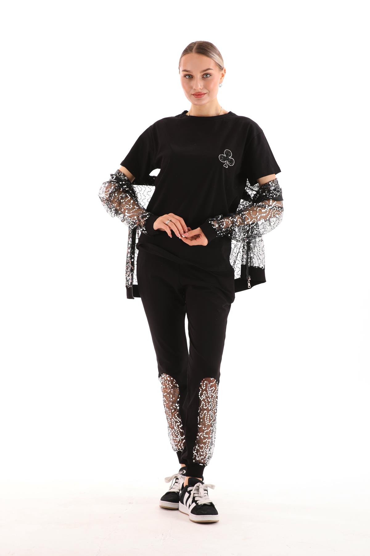 1080 - Kadın Pul Payet Transparan 3 lü Takım - Siyah -westbound