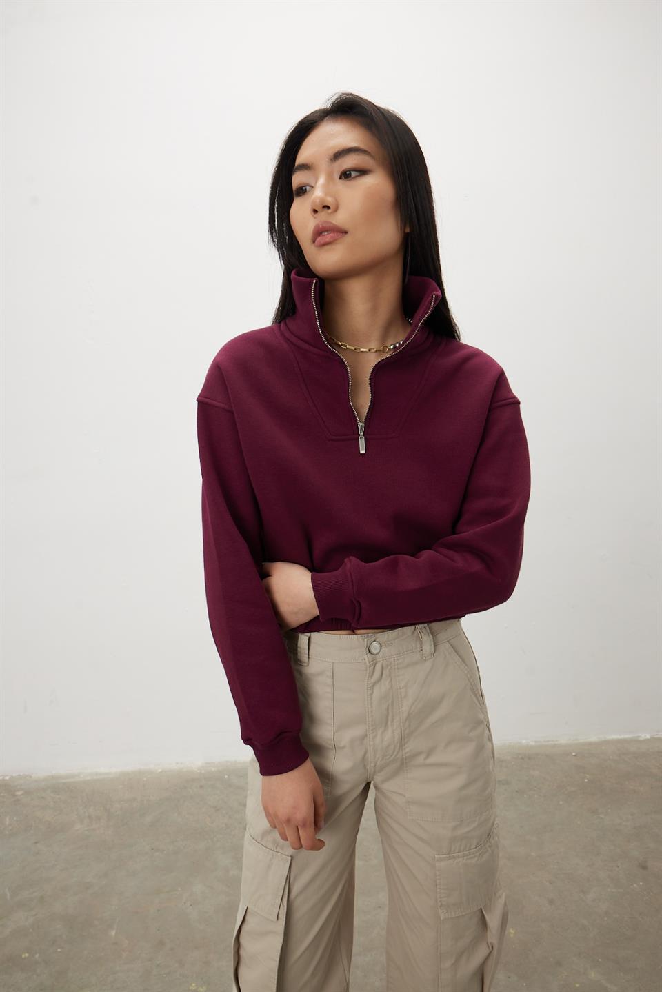 BF045 - Kadın Şardonlu Yarım Balıkçı Yaka Fermuarlı Sweatshirt -TUBİA