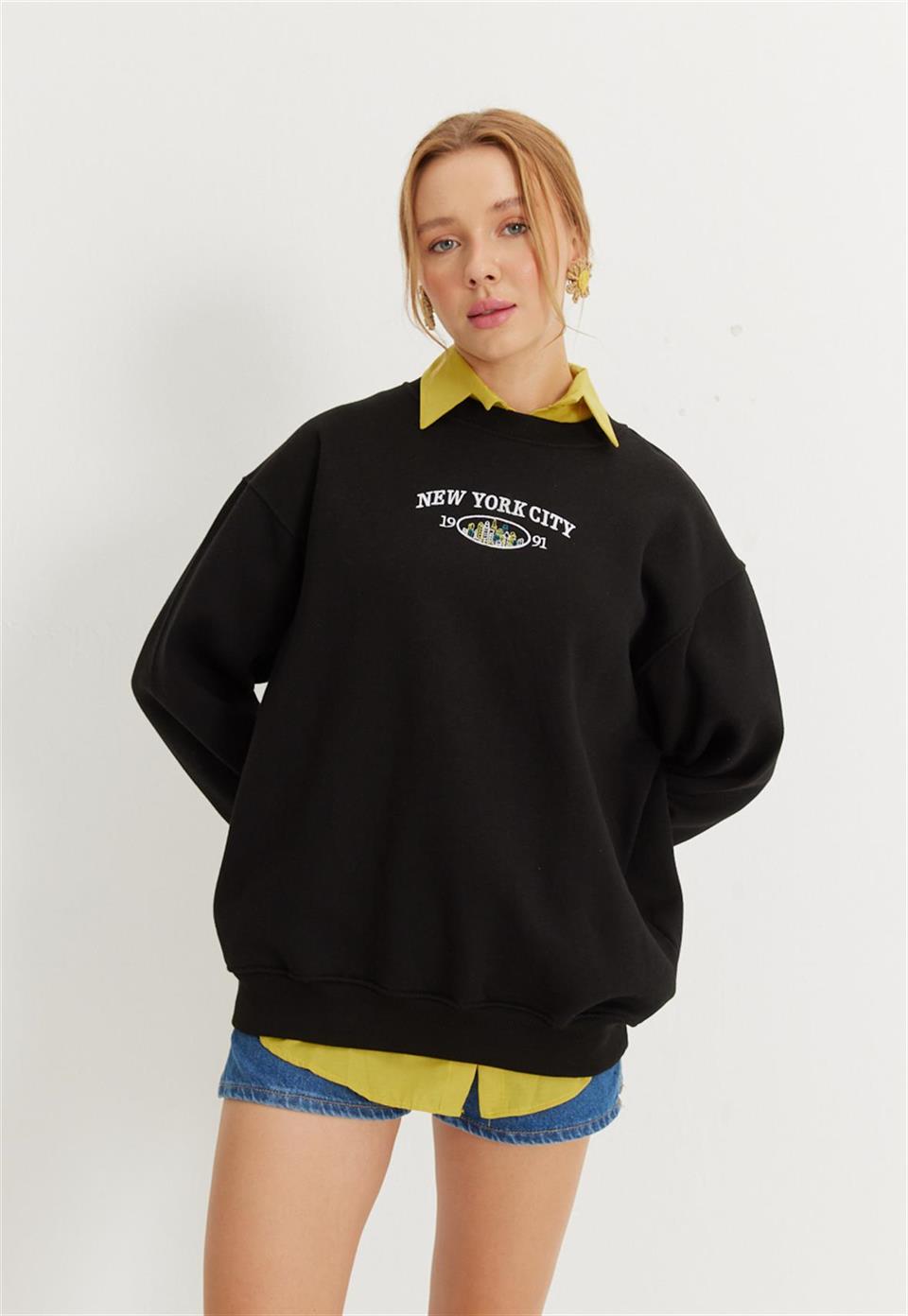 Kadın Siyah New York City Baskılı Oversize Sweatshirt